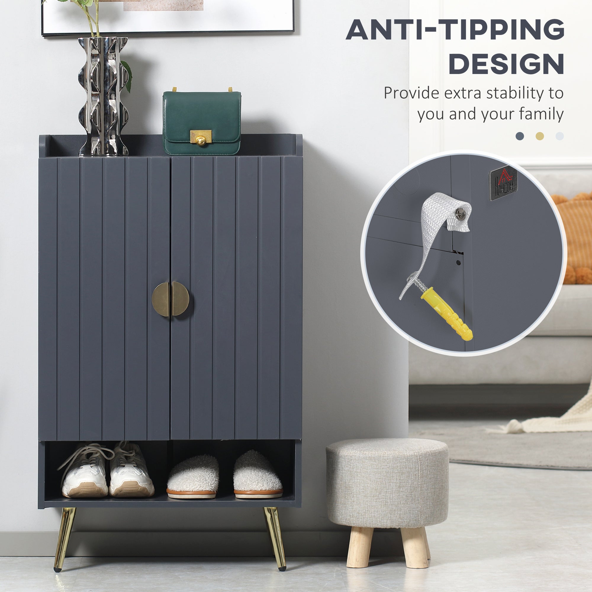 Kozy Modern Shoe Cabinet with 2 Doors, Open Shelf and Adjustable Shelves, 15 Pair Hallway Shoe Cupboard, Entryway Storage Unit, Grey