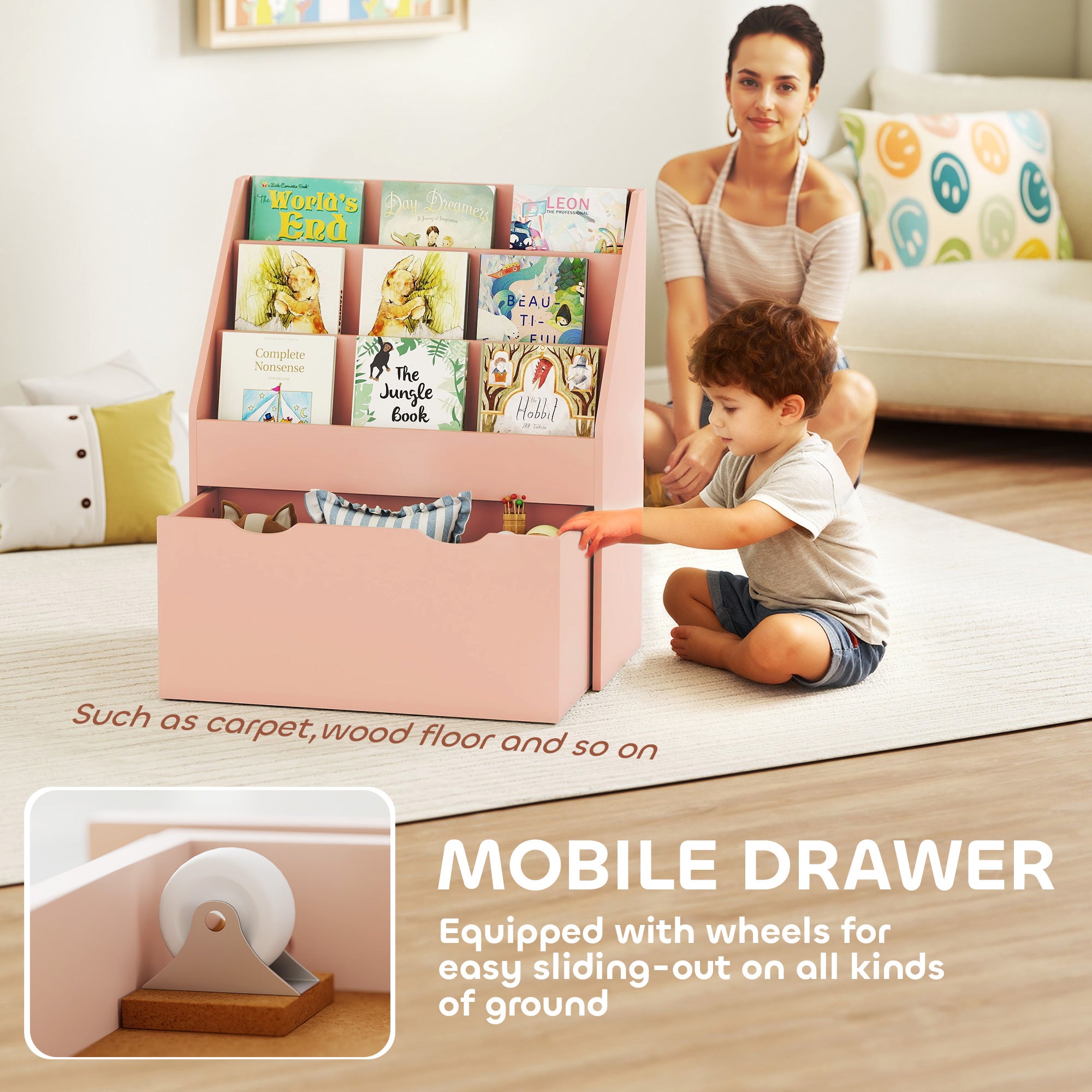 Kozy Bookcase for Kids with Shelves, Drawer, Bookcase for Bedroom, Playroom, Pink