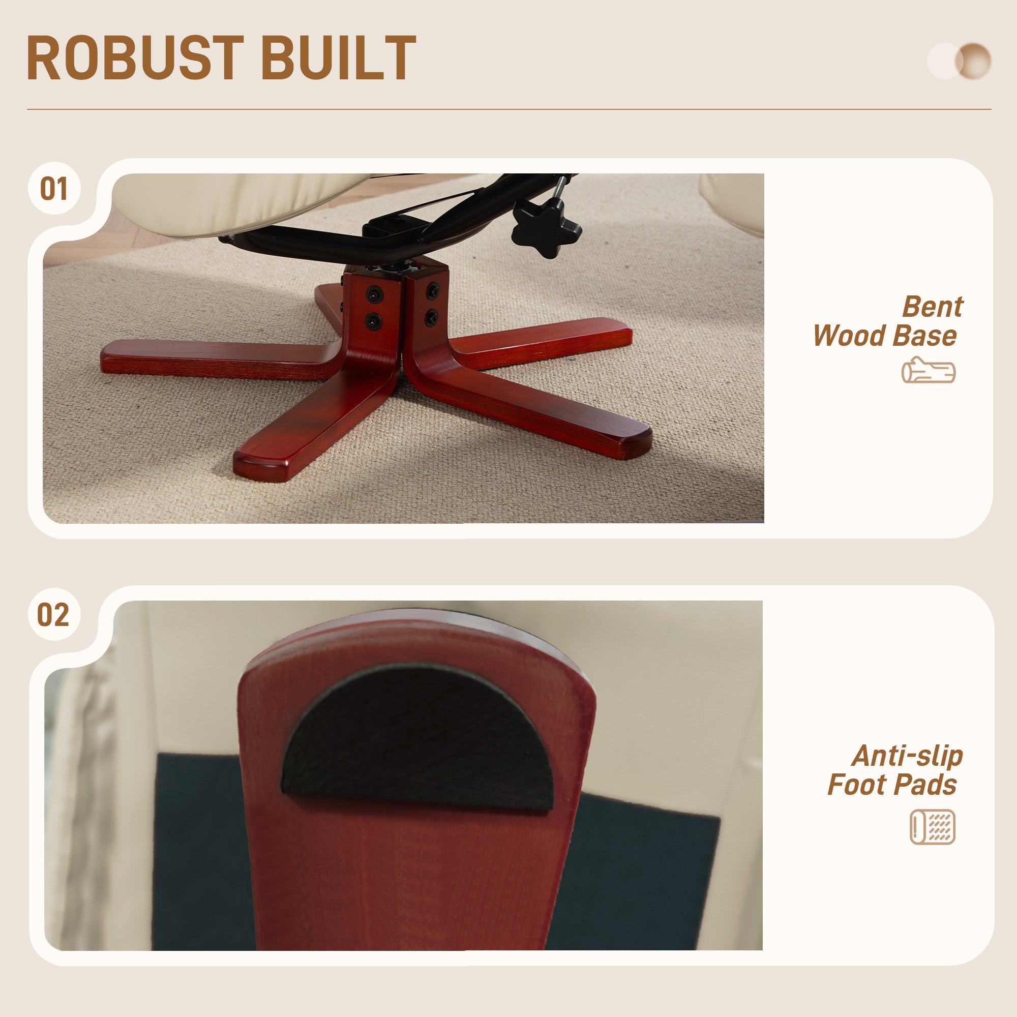 Kozy - Rocking Recliner Chair with Footstool, PU Leather Recliner Armchair with Wood Base, Upholstered Reclining Chair for Living Room Bedroom, Cream