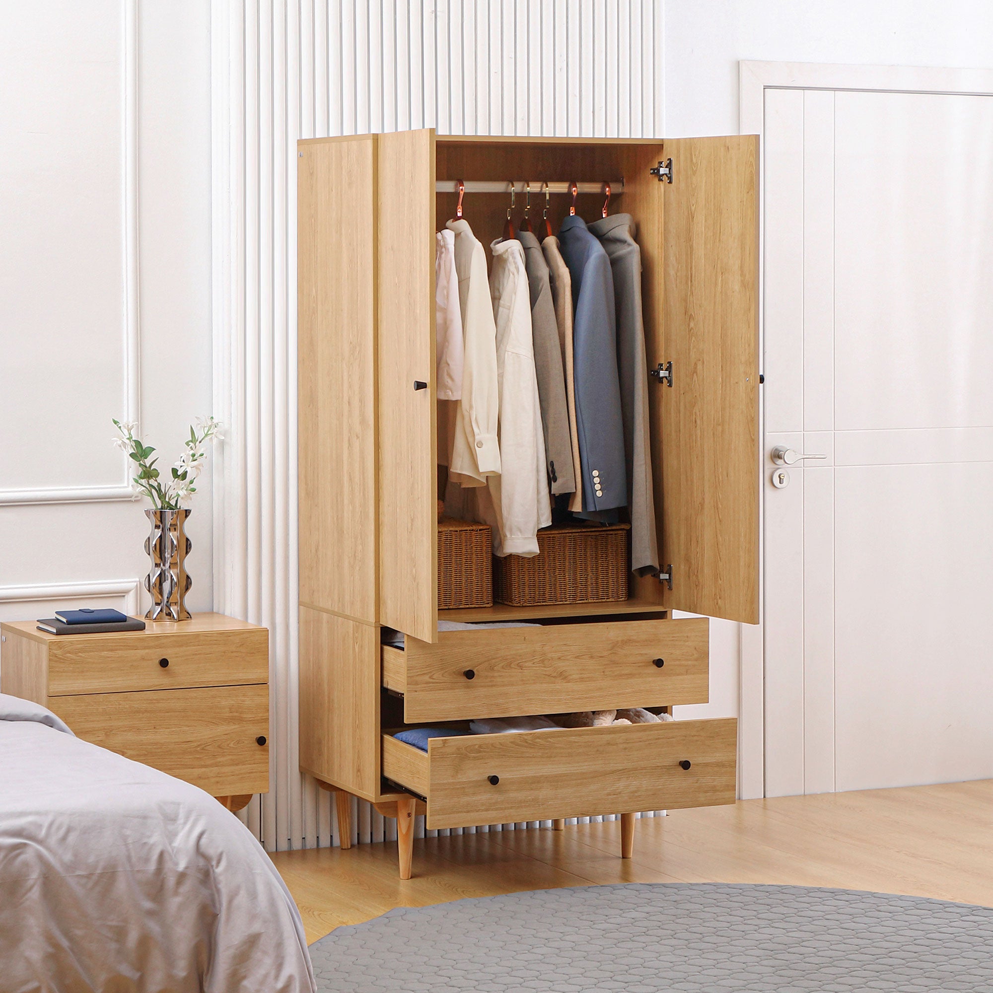 Kozy Wardrobe with 2 Doors, 2 Drawers, Hanging Rail for Bedroom Clothes Storage Organiser, 80x52x180cm, Natural Tone
