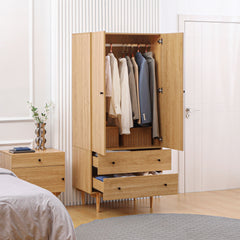 Kozy Wardrobe with 2 Doors, 2 Drawers, Hanging Rail for Bedroom Clothes Storage Organiser, 80x52x180cm, Natural Tone