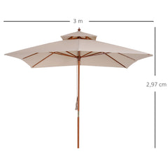 Outsunny Beige Parasol Patio 3x3M Double Tier Garden Sun Umbrella Sunshade Outdoor Wood Wooden Canopy Tier