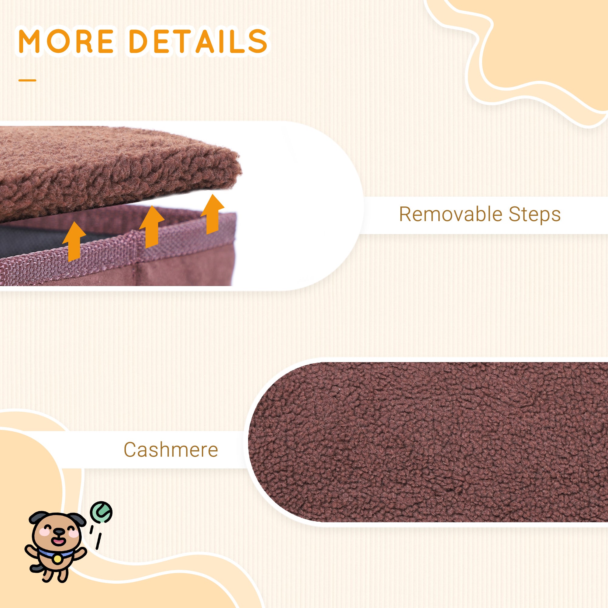 PawHut 3 Step Pet Stairs Foldable Portable Mobility Assistance w/ Washable Fleece Cover 41x19cm Brown