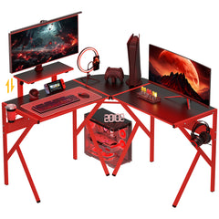 Kozy Gaming Desk L-Shaped Corner Computer Table for Home Office PC Workstations with Adjustable Monitor Stand Cup Holder Headphone Hook 125x125x75cm, Red