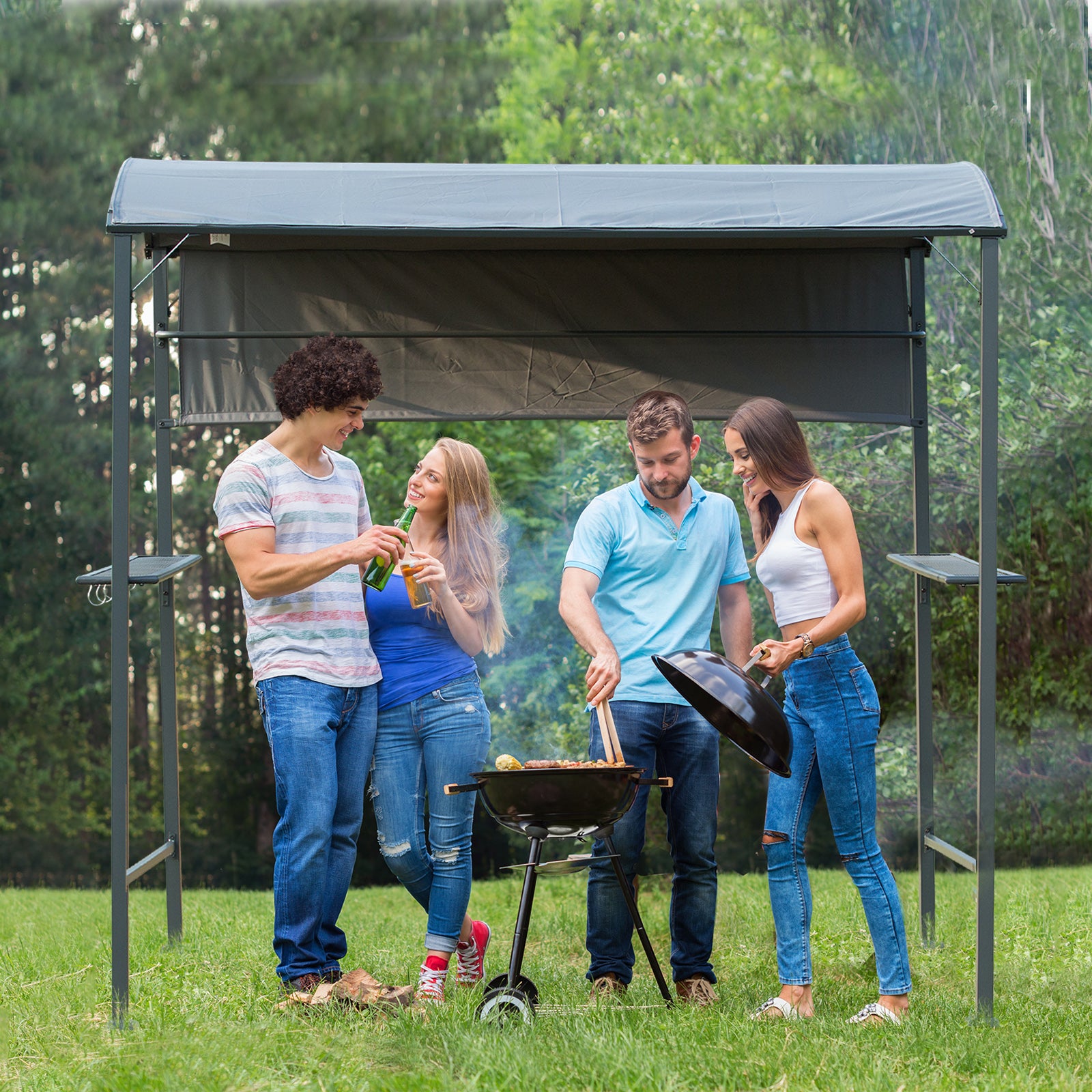 Kozy 2.2 x 1.4m BBQ Shelter, Outdoor Grill Gazebo Canopy with Shelves, Hanging Hooks, and Metal Frame, for Garden Patio Backyard