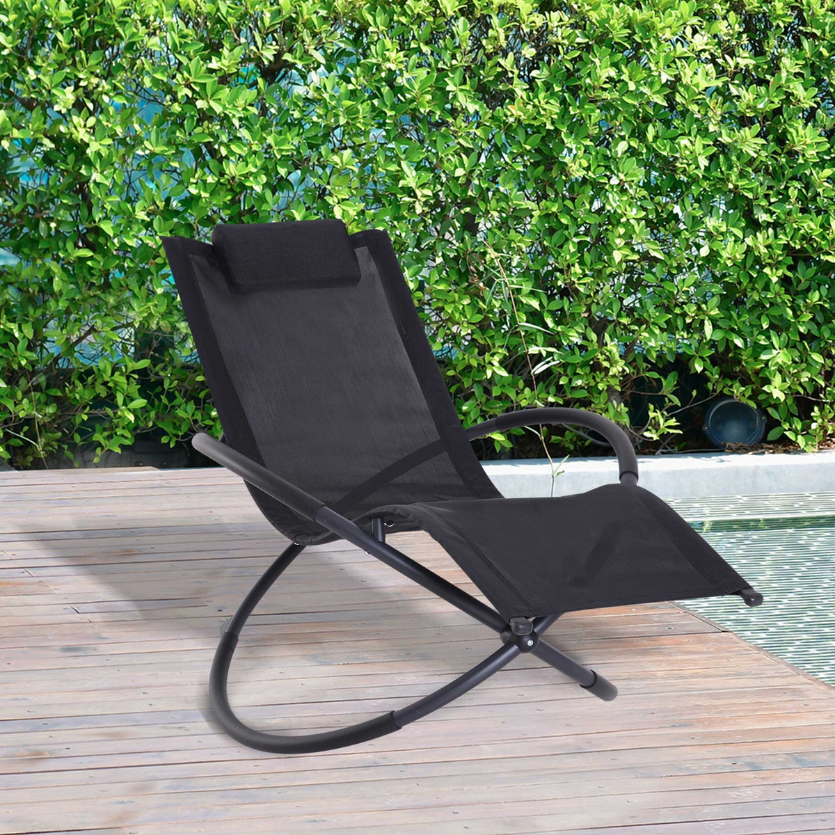 Outsunny Orbital Lounger, Zero Gravity Patio Chaise, Foldable Rocking Chair with Pillow, Black.