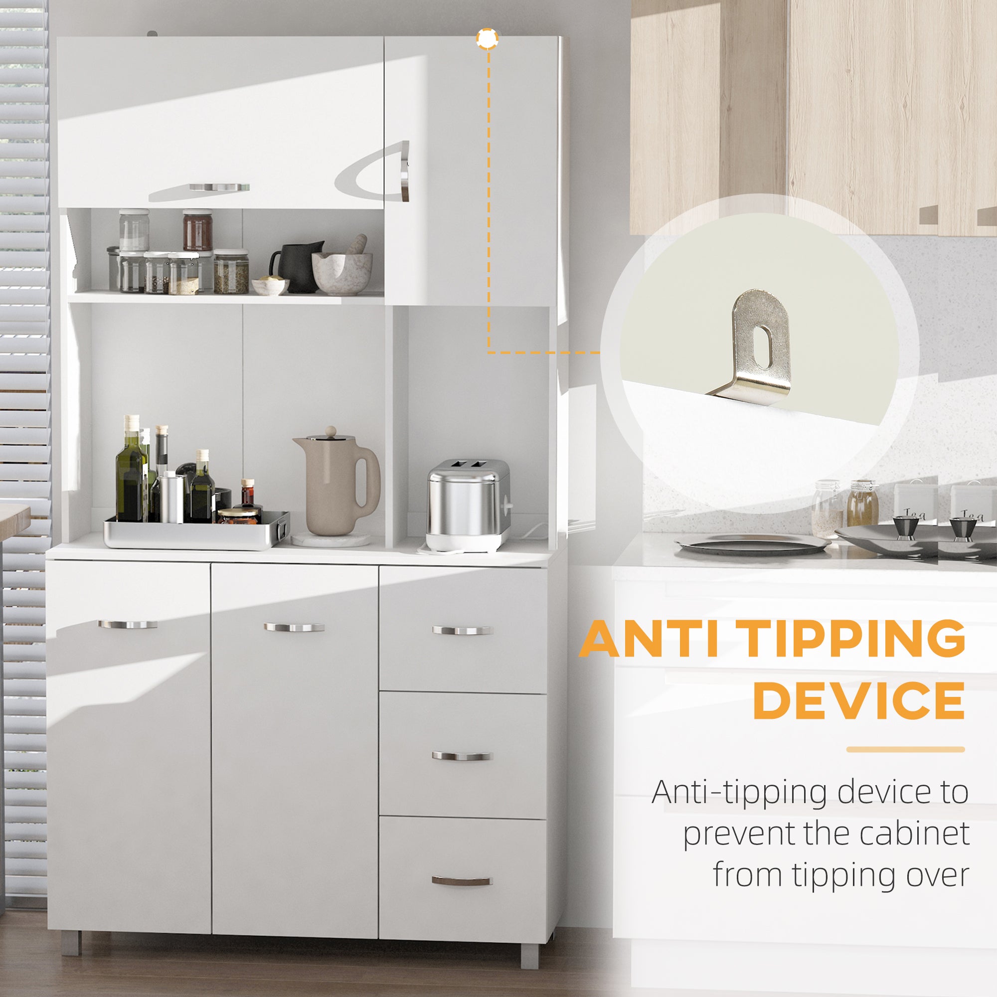 Kozy Kitchen Cupboard, 183cm Tall Storage Cabinet with Countertop, Sideboard with 3 Small Drawers, Flip Up Top Door, 3 Cabinet Doors and Open Shelves, 100W x 39.5D x 183.5H cm, White