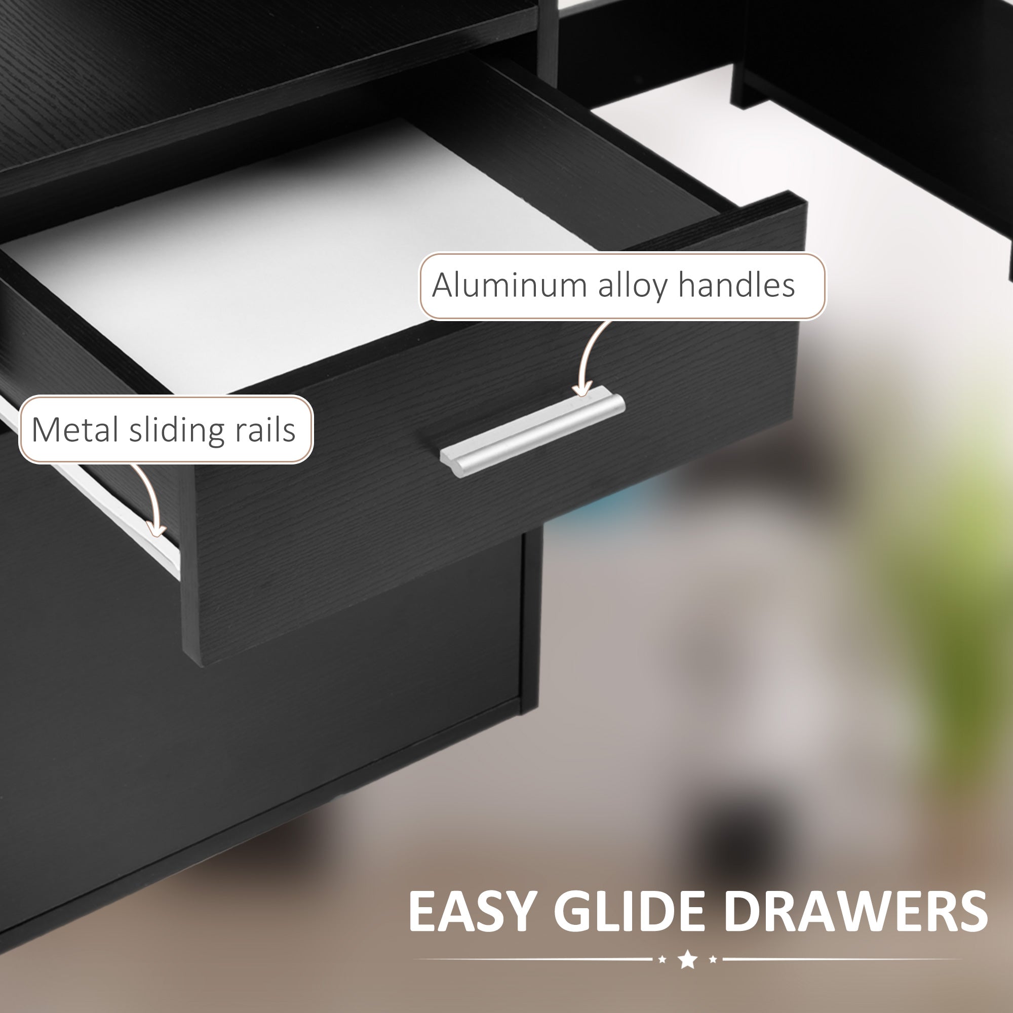Kozy Computer Desk with Drawers and Storage Shelves, Office Desk Writing Table with Printer Stand, Large Workstation for Study Play Work Home Office, 137 x 55 x 92cm, Black