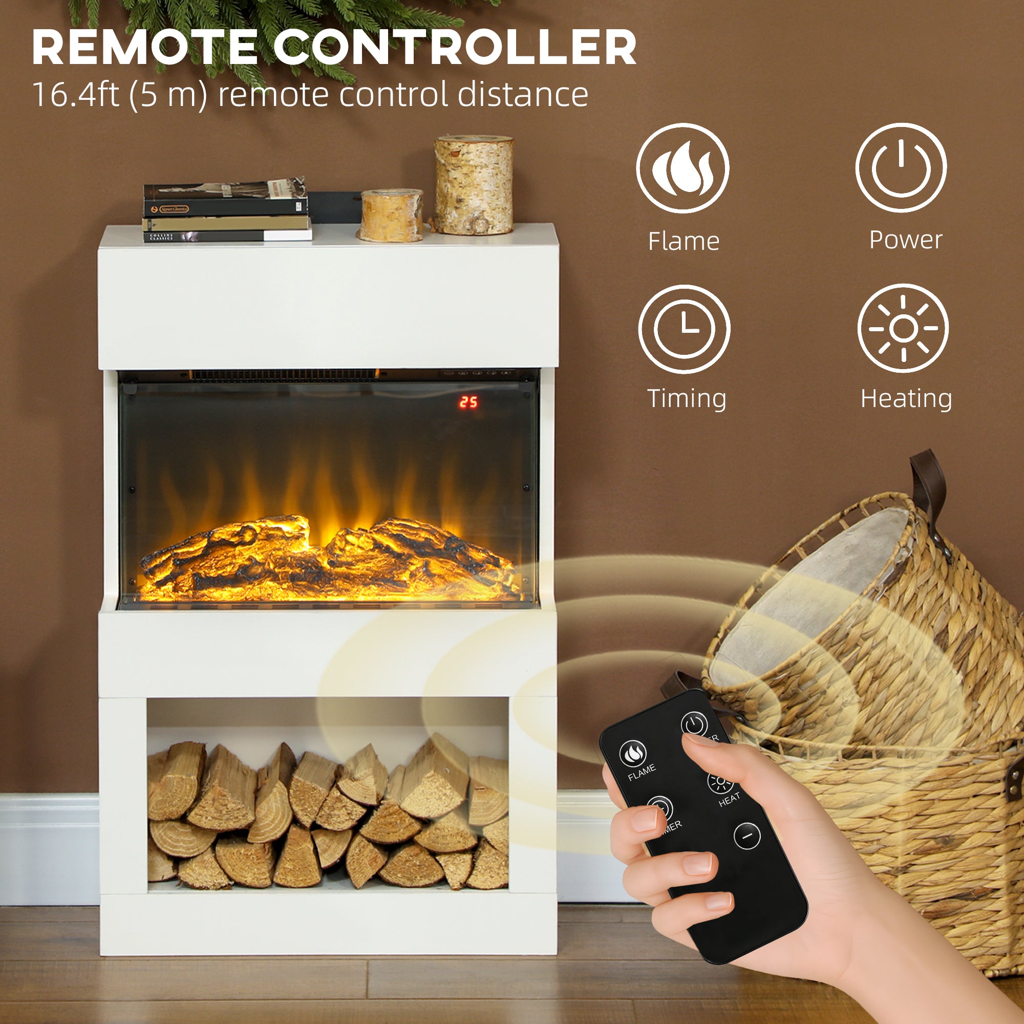 Kozy - Electric Fireplace with 3D Flame Effect, 6 Colours & 3 Brightness Levels, 1000W/2000W White Electric Fire and Mantel Reach up to 30㎡ Space with Remote & Timer, 3 Sided View for Living Room