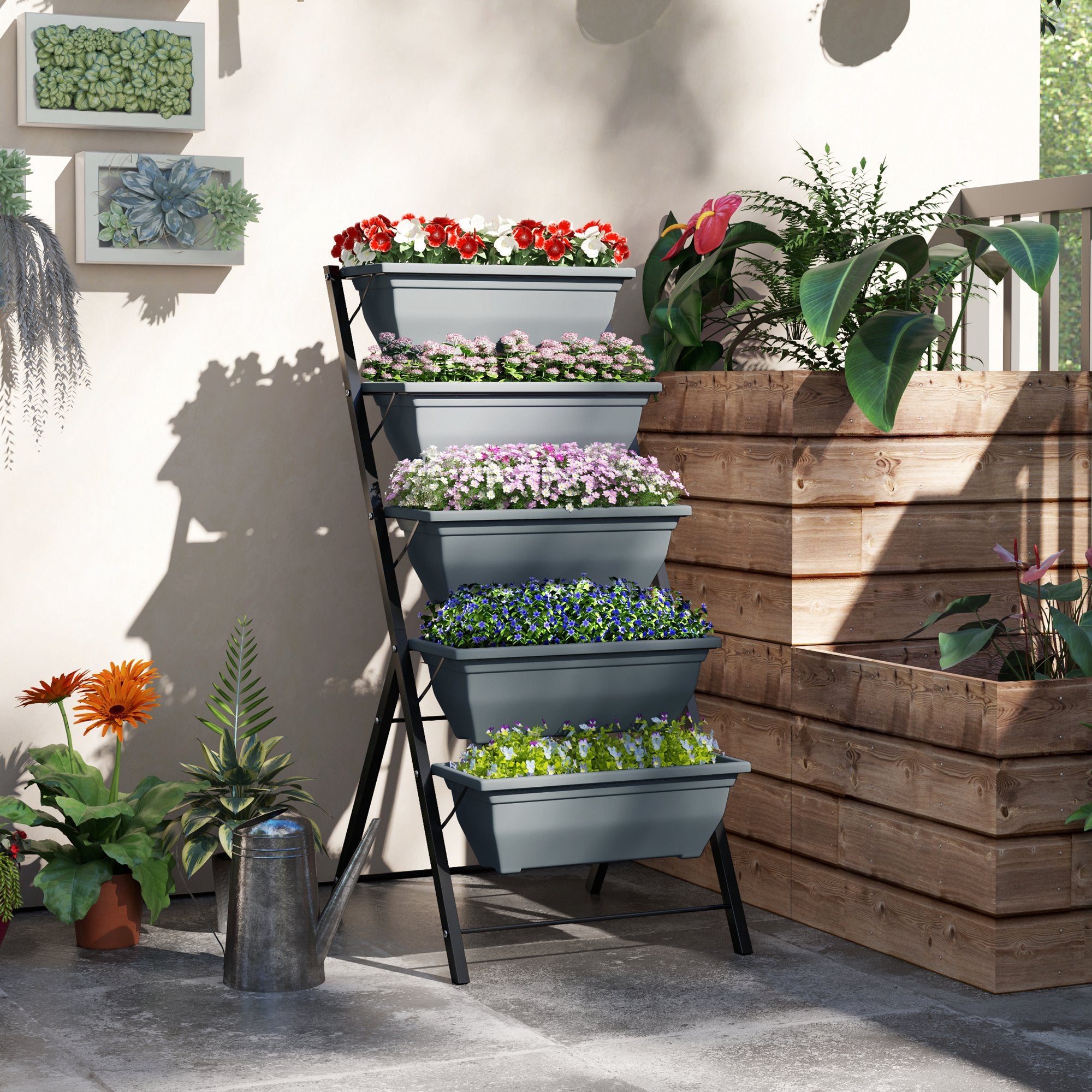 Kozy - 5-Tier Raised Garden Bed, Vertical Ladder Plant Stand with 5 Removable Boxes, Drainage Holes and Plugs, Indoor Outdoor Elevated Flower Herb Growing Box for Garden Patio Balcony, Grey