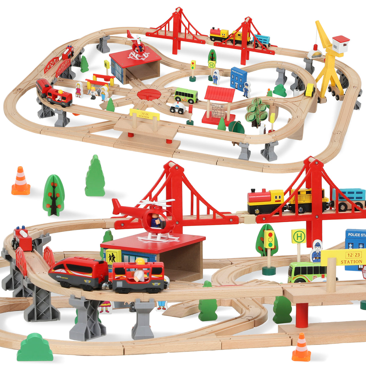 Kozy 133-Piece Wooden Train Set, Toy Train with Crane, Storage Box, for Kids Ages 3+