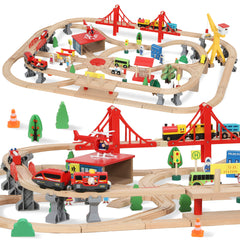 Kozy 133-Piece Wooden Train Set, Toy Train with Crane, Storage Box, for Kids Ages 3+