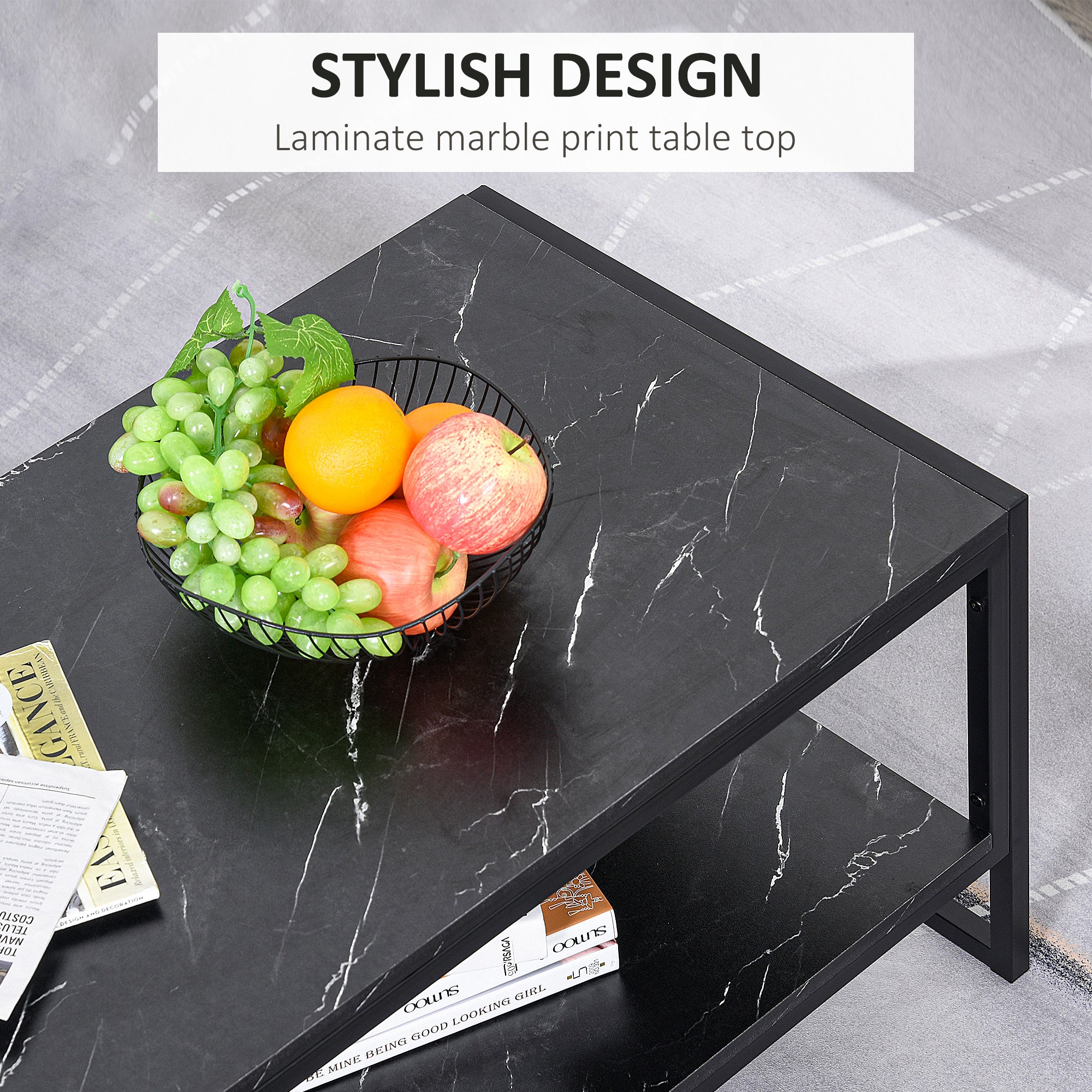 Kozy Coffee Table, Two-Tier Faux Marble Effect Centre Table with Metal Frame and Storage Shelf for Living Room, 106 x 50 x 45cm, Black