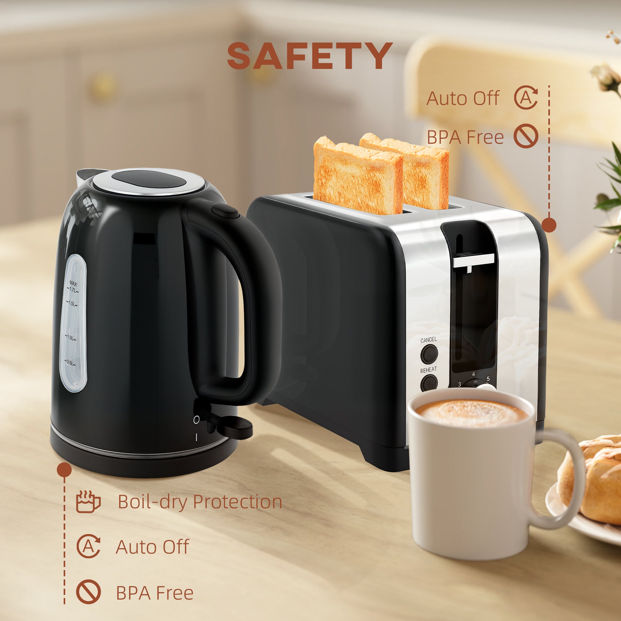 Kozy - Simple Polished Toaster and Kettle Set - Black