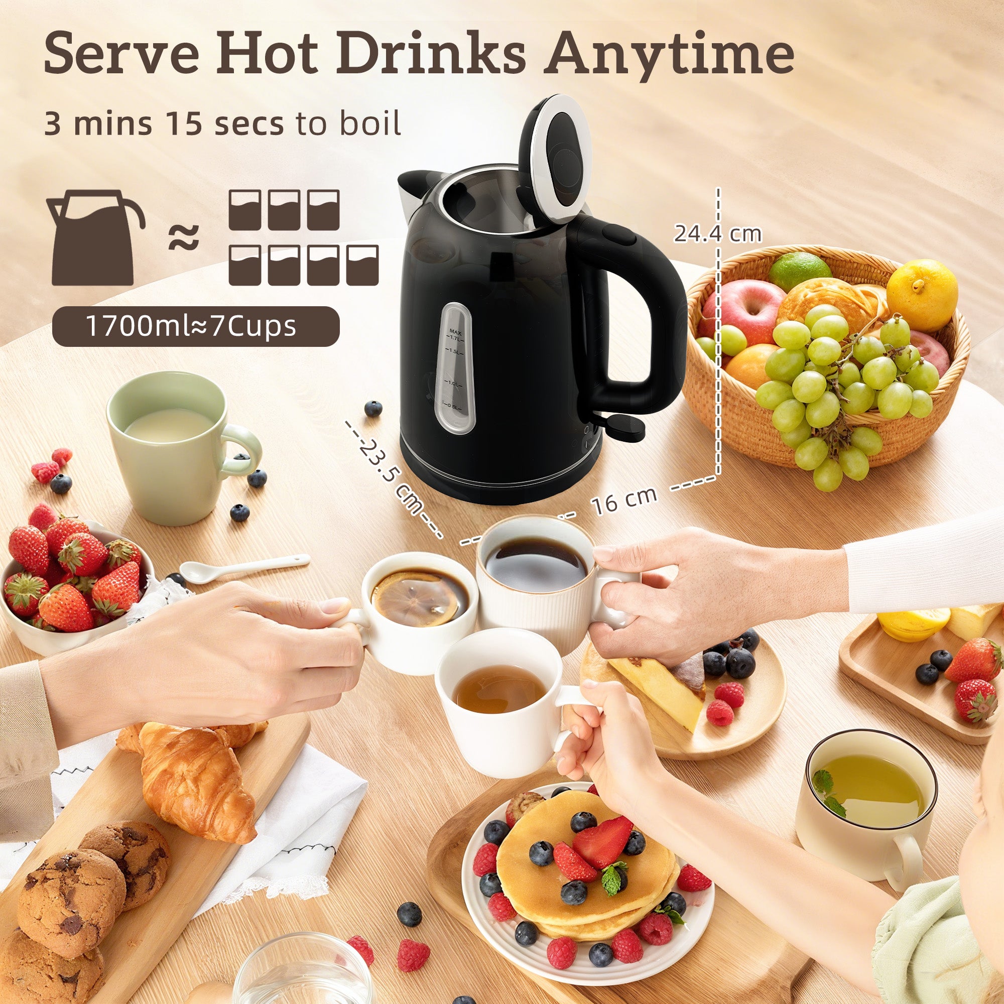 Kozy Kettle and Toaster Set, 1.7L 3000W Rapid Boil Jug Kettle with Strix Thermostat, Limescale Filter, 4 Slice Toaster with 7 Browning Controls, Crumb Tray, Black