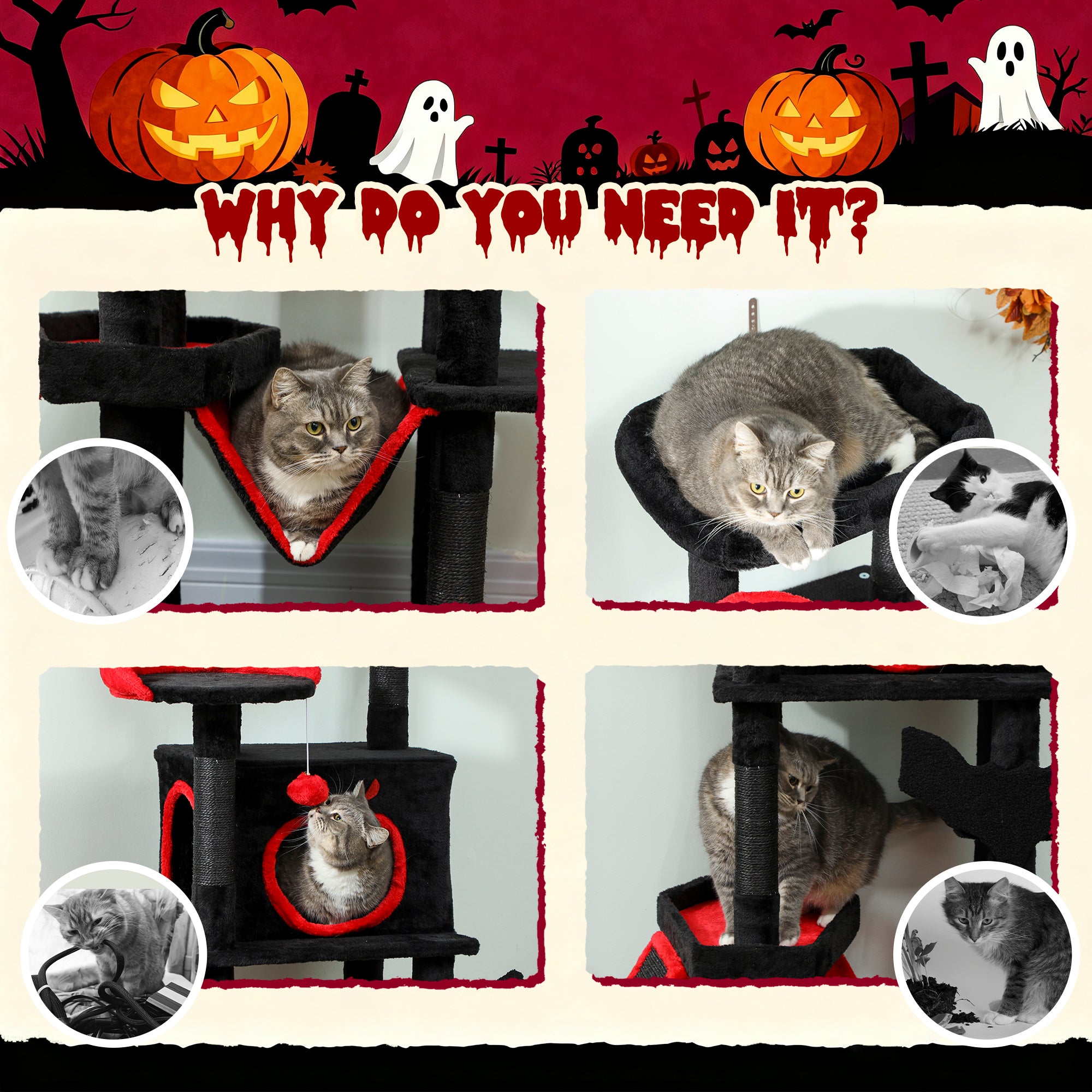Kozy - Gothic Cat Tree, 152 cm Multi-Level Cat Tower for Large Cats with Coffin Bed, Large Condo, for Halloween