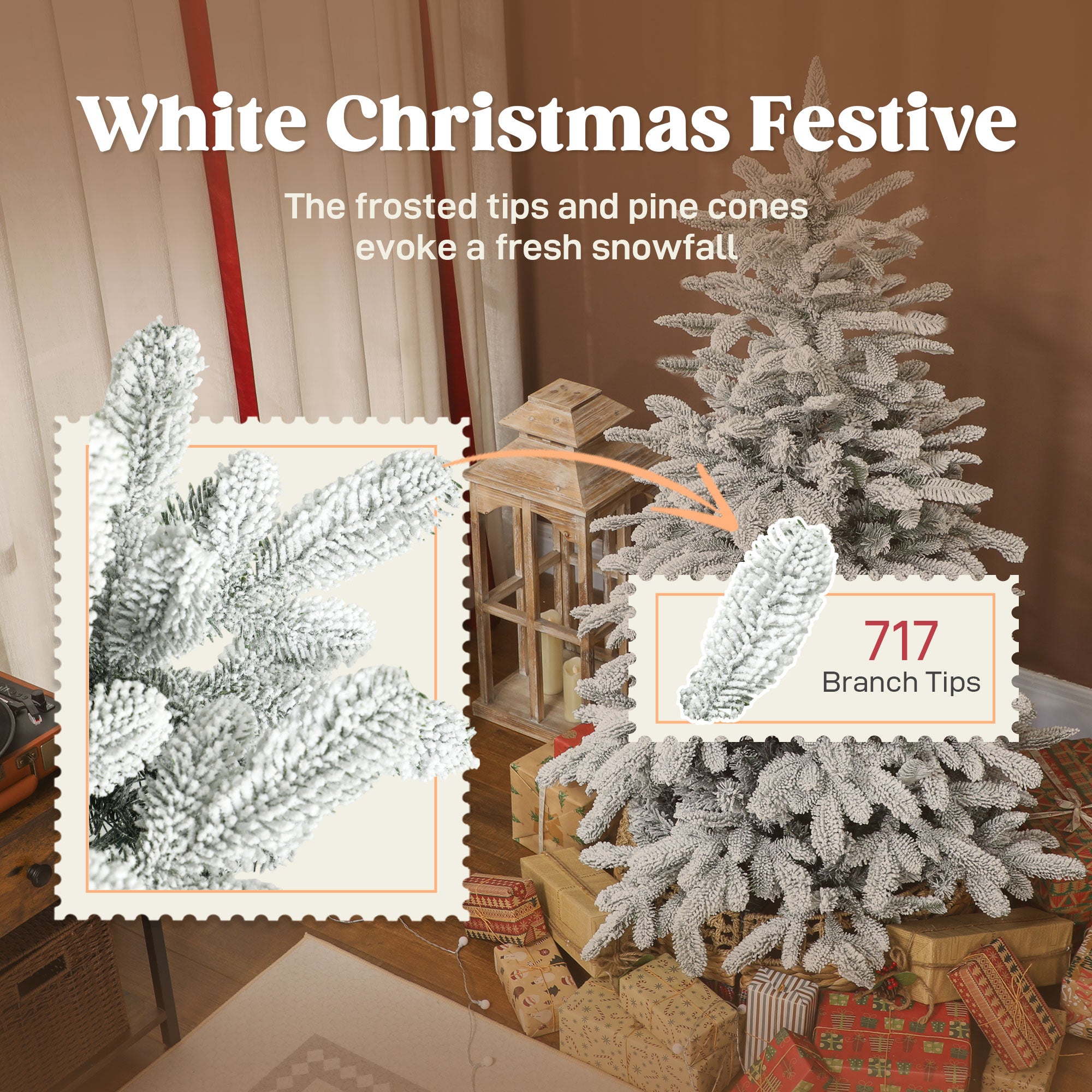 Kozy - 5 ft Artificial Flocked Christmas Tree with 717 Branches, Hinged Xmas Tree with Foldable Metal Stand, Easy Assembly for Home Office Decor