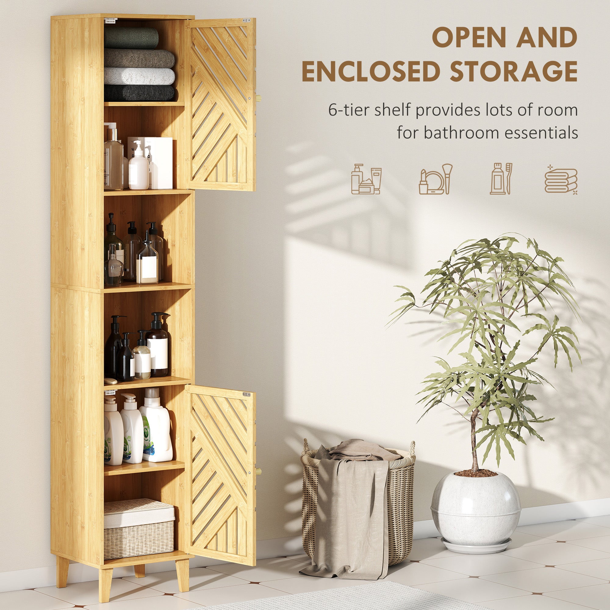 Kozy - Multi-Storage Bamboo Door Bathroom Cabinet - Natural Finish