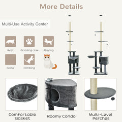 Kozy Floor to Ceiling Cat Tree for Indoor Cats Play Tower Climbing Activity Center Scratching Post Platforms Condo Adjustable Height 220-265cm Dark Grey
