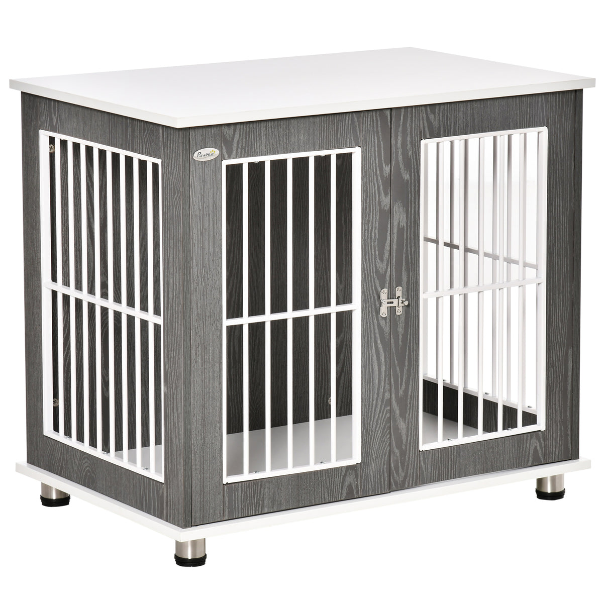 Kozy Dog Crate Wooden Pet Kennel Cage End Table w/ Lockable Door for Small Medium Dog Grey & White 85 x 55 x 75 cm