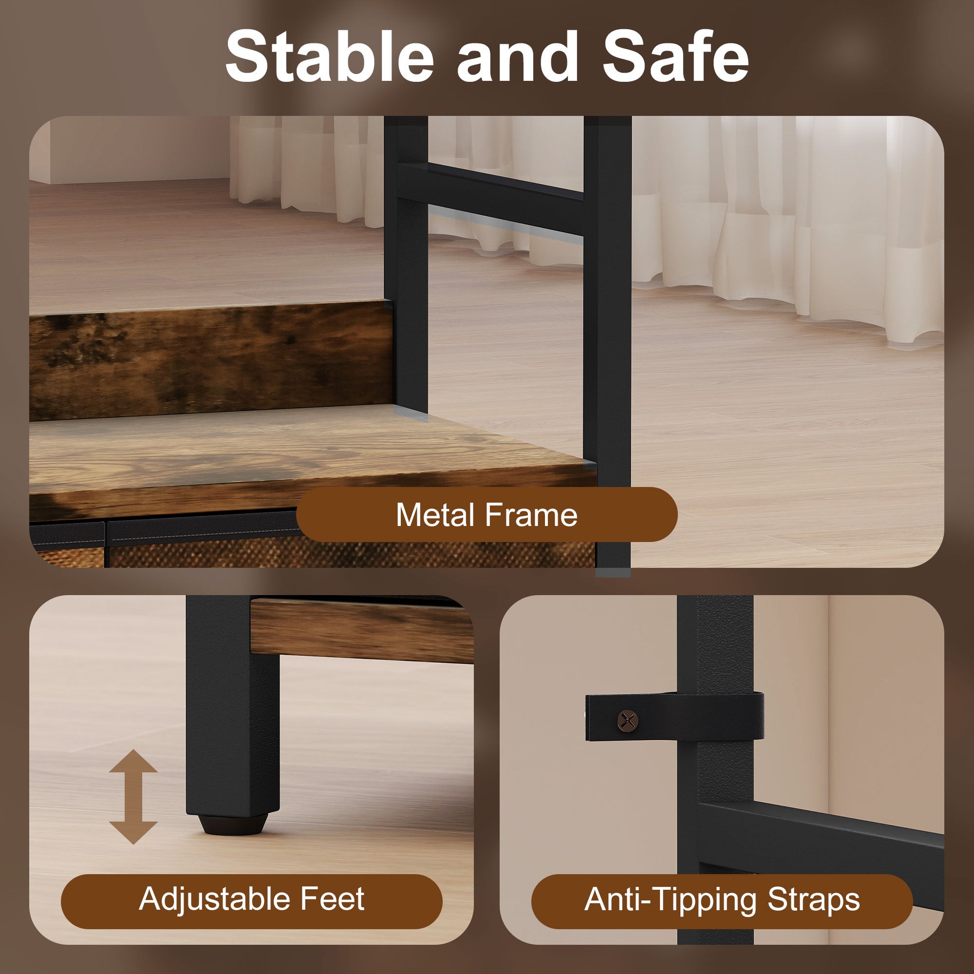 Kozy Industrial Style Bookcase, with 4 Shelves and 3 Fabric Drawers - Brown/Black