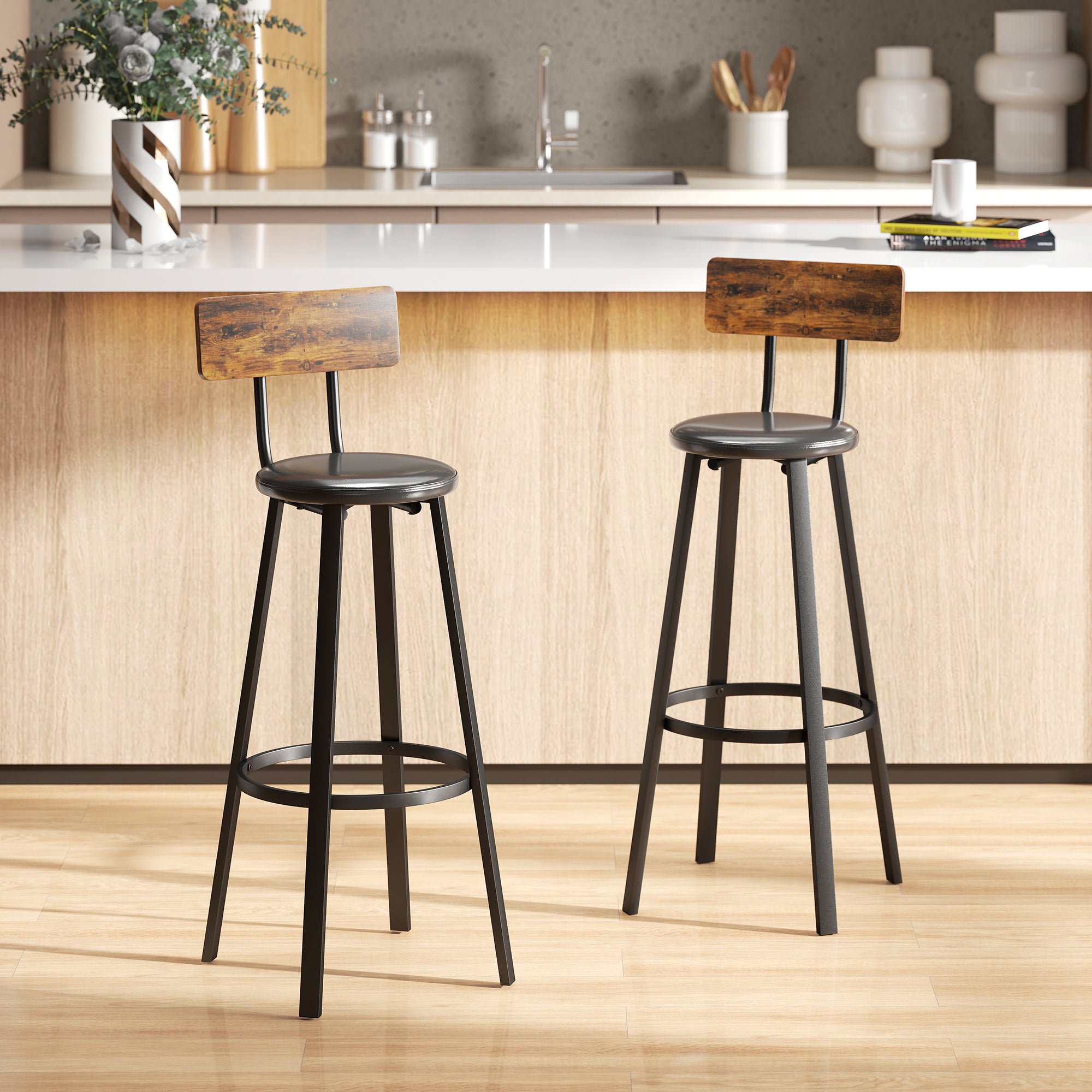 Kozy Upholstered Bar Stools Set of 2 with Backrest and Footrest - Rustic Brown and Black