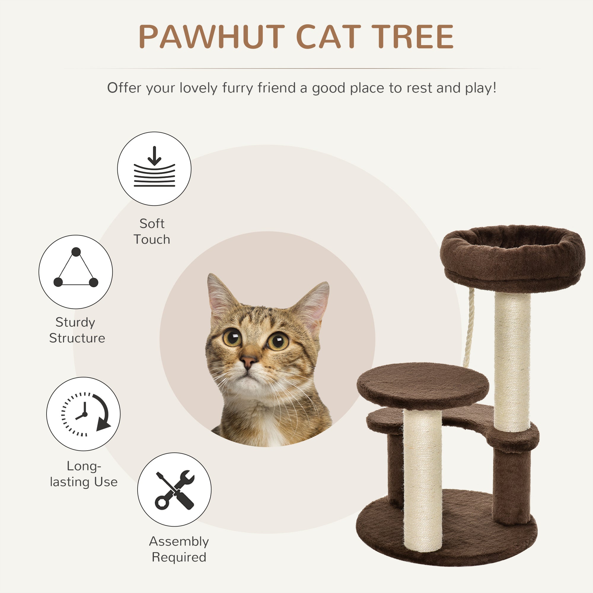 Pawhut 65 cm Cat Tree Cat Scratching Post Kitty Scratcher Kitten Activity Center Scratching Post Playhouse 2 Perch w/Hanging Sisal Rope Brown