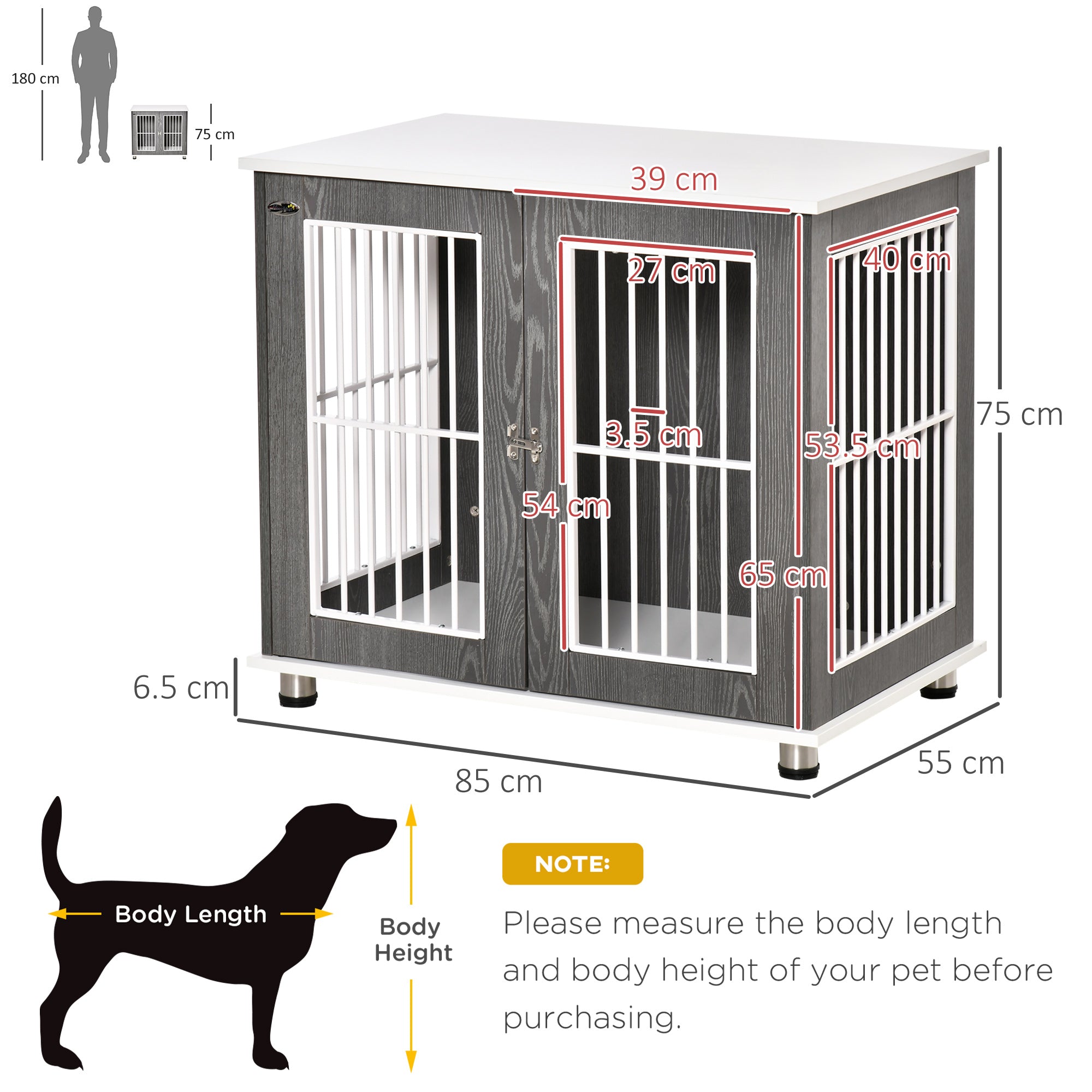 Kozy Dog Crate Wooden Pet Kennel Cage End Table w/ Lockable Door for Small Medium Dog Grey & White 85 x 55 x 75 cm