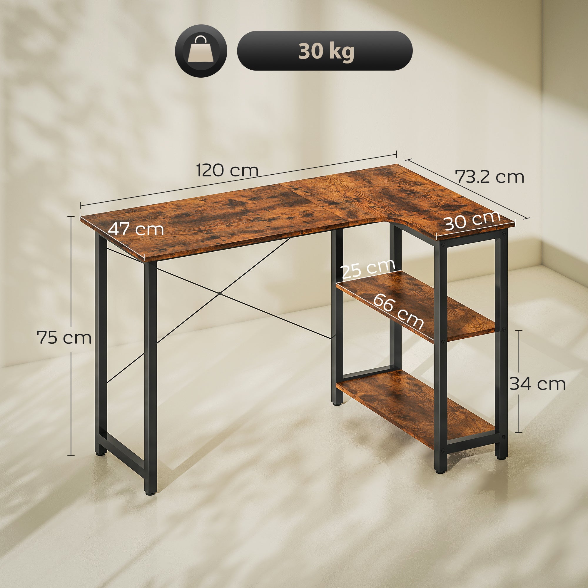 Kozy - L Shaped Desk, Corner Computer Desk with Bookshelf for Home Office, Study Room, Workstation, 120 x 73.2 x 75cm, Rustic Brown