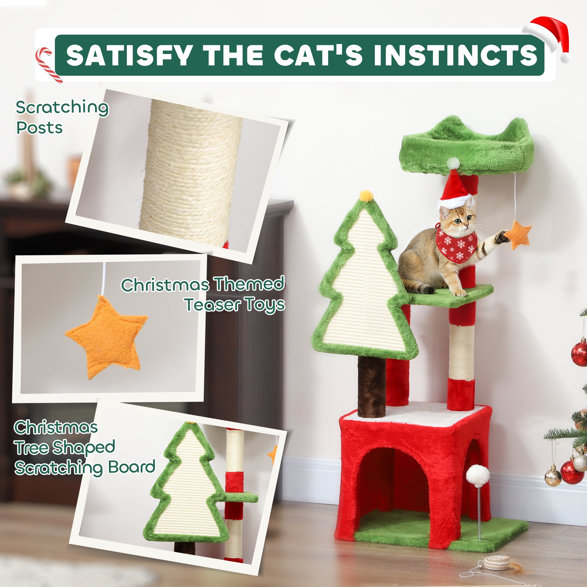 Kozy - Christmas Cat Tree, 120cm Cat Tower with Scratching Post & Board, Platform, Toys, Green