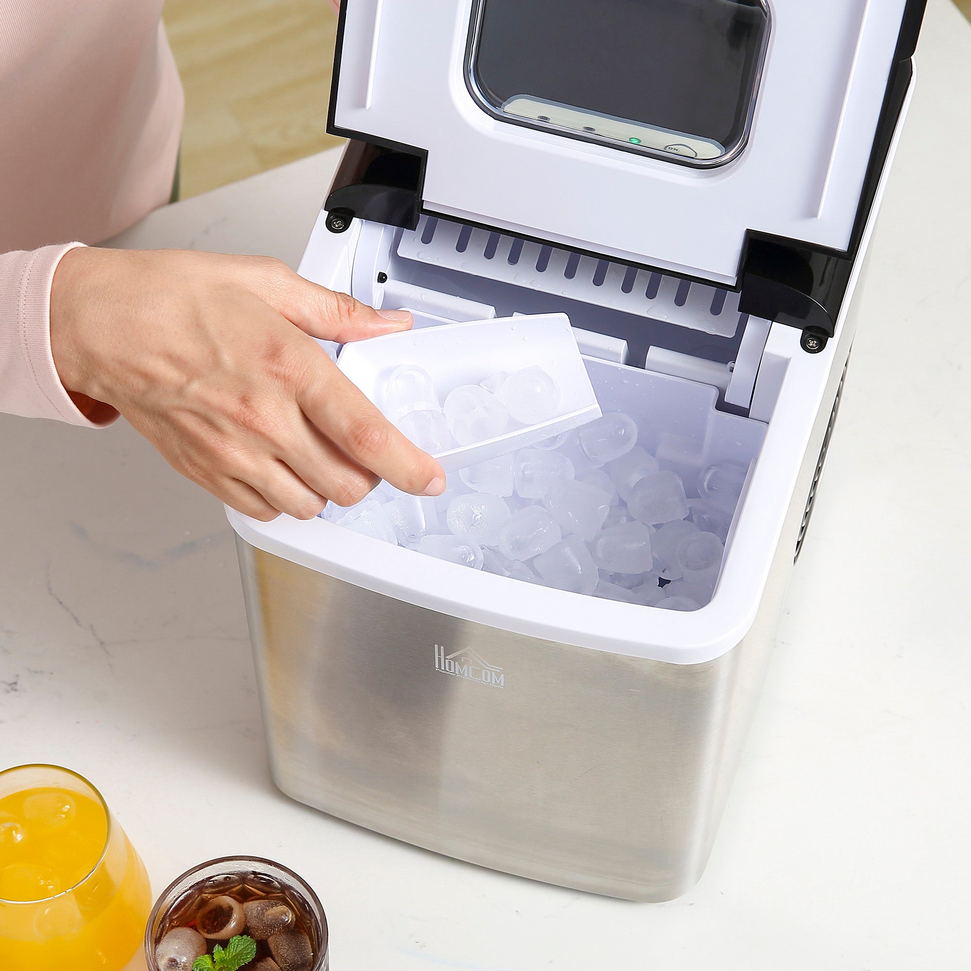 HOMCOM Ice Maker Machine, Counter Top Ice Cube Maker for Home 12kg in 24 Hrs 1.8L w/ Self Cleaning Function Scoop & Basket Stainless Steel | Aosom UK