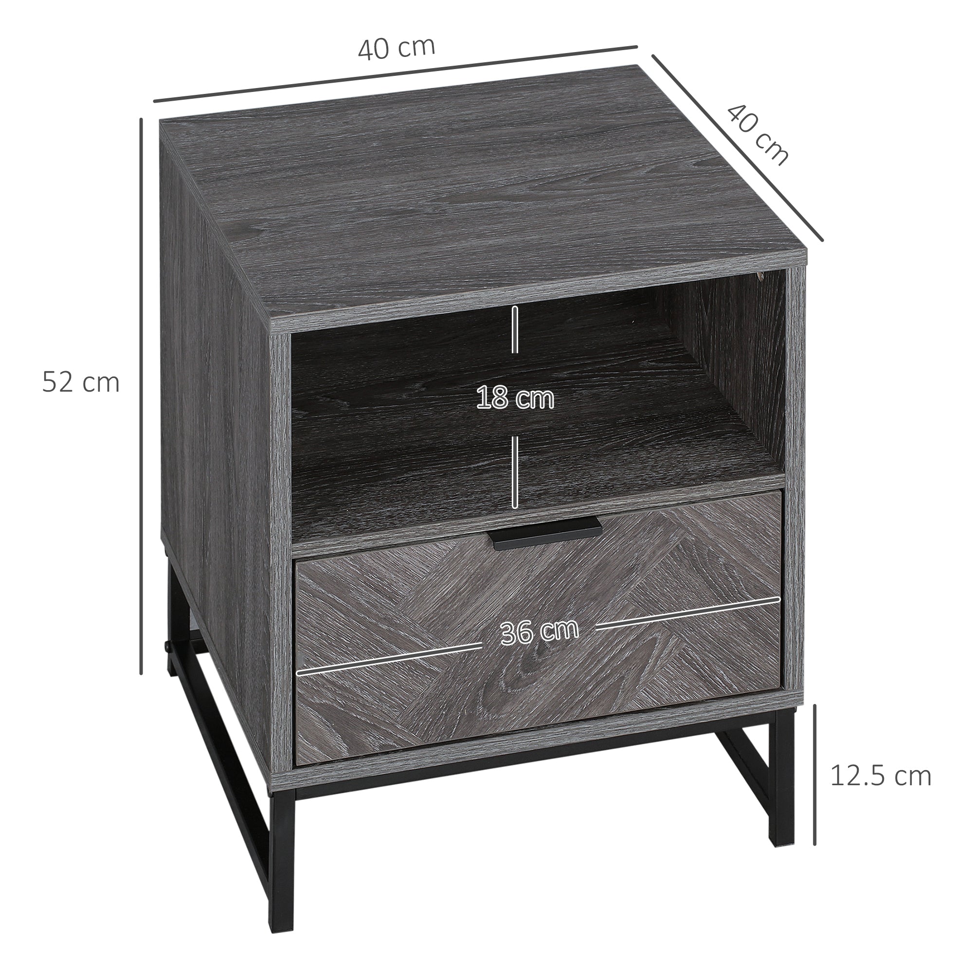 Kozy Bedside Table with Drawer and Shelf, Side End Table with Steel Legs for Living Room, Bedroom, Dark Grey
