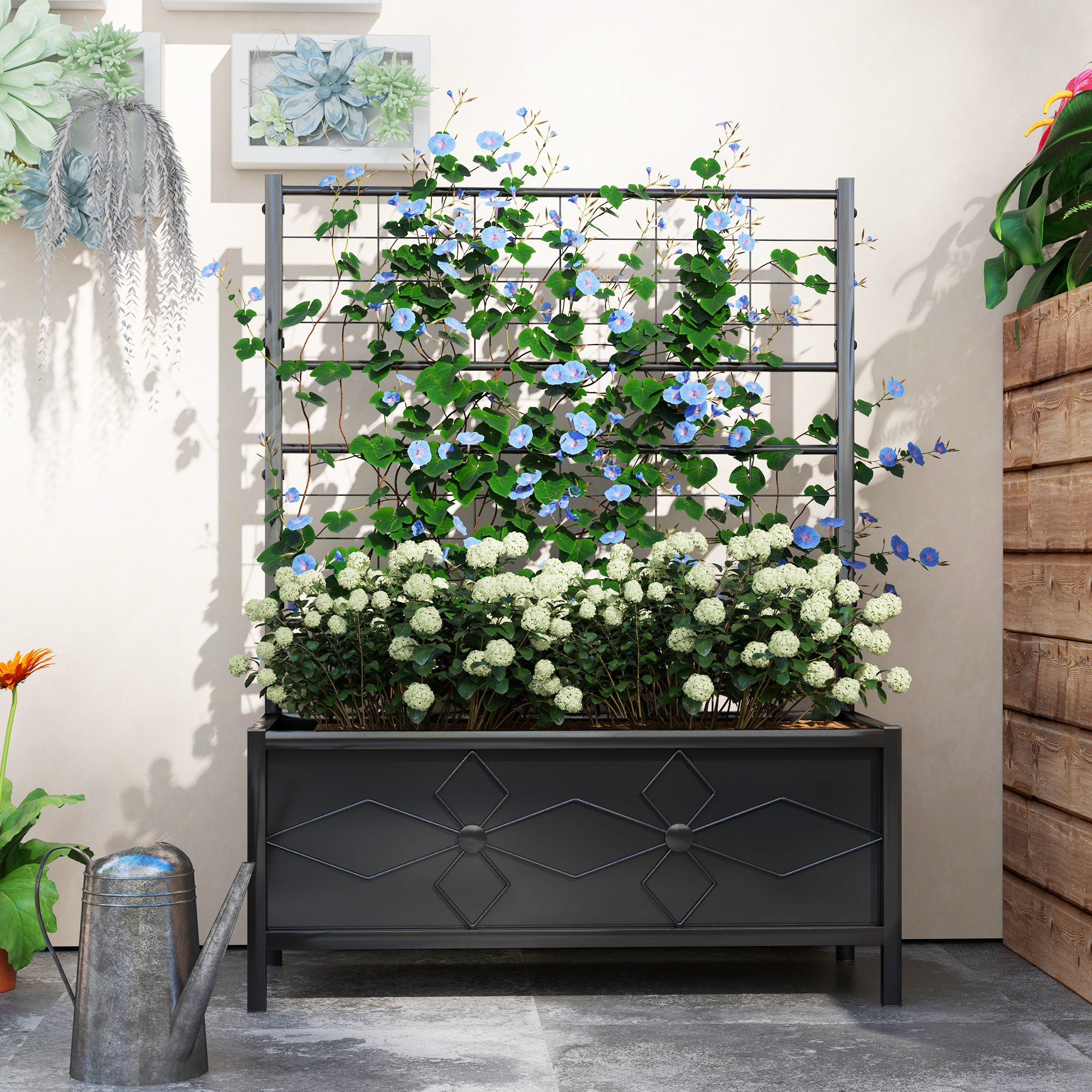 Kozy - Raised Bed for Garden with Trellis, Galvanised Planter Box with Diamond Pattern, Drainage Holes for Vegetables, Herbs and Flowers, 90 x 40 x 120 cm, Black