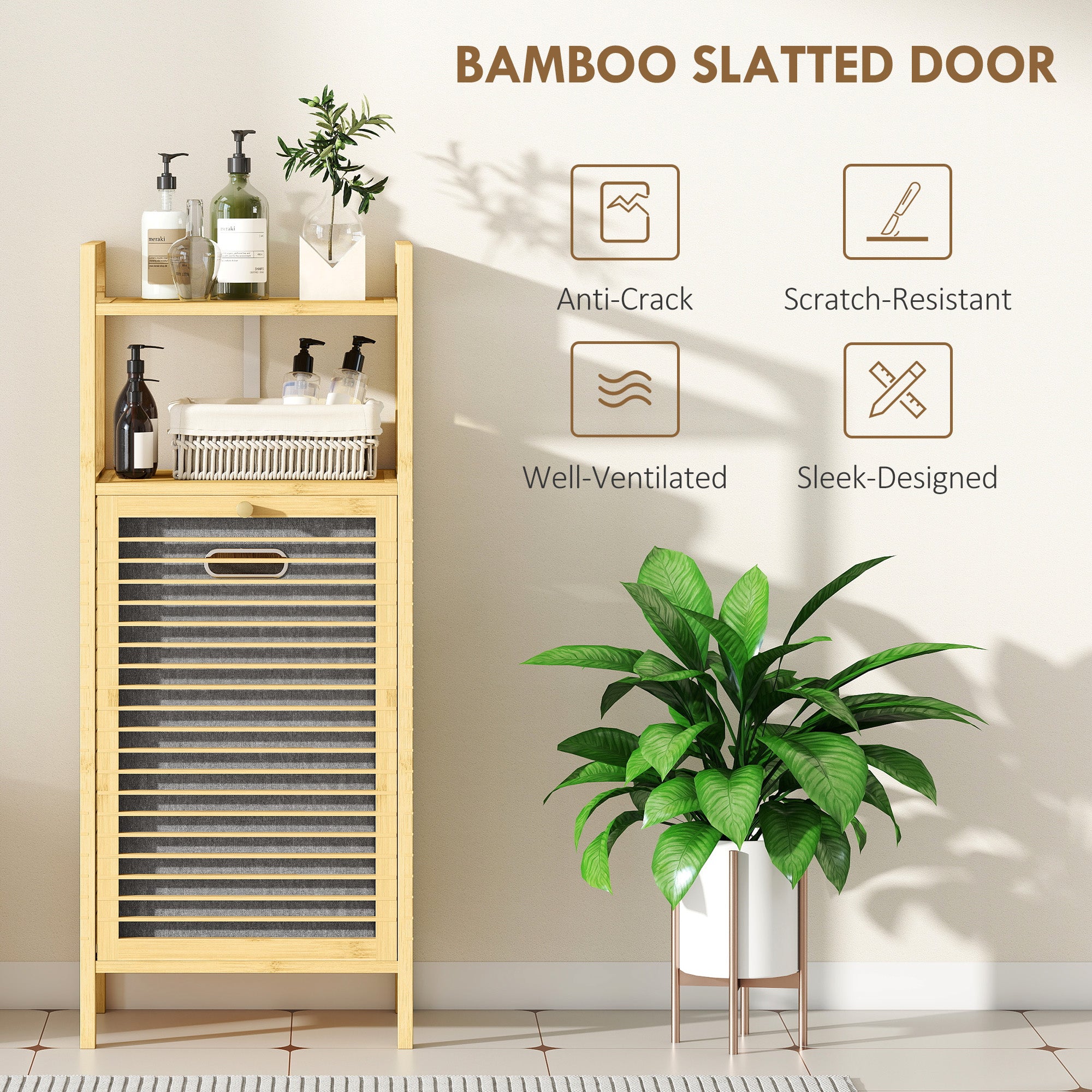Kozy - Bamboo Laundry Cabinet with Slatted Door, Bathroom Cabinet with Tilt-Out Hamper and Removable Liner Bag, 40 x 30D x 95 cm, Natural Wood Finish
