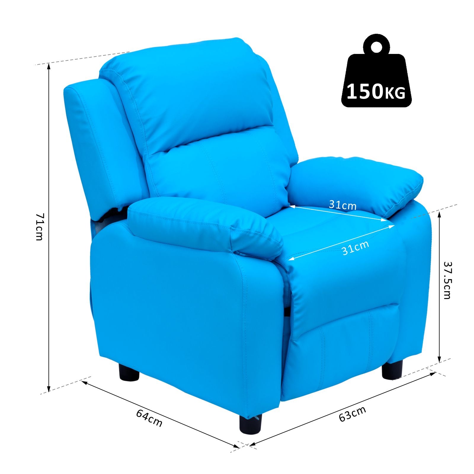 HOMCOM Children's Recliner Armchair, Kids Lounger Sofa Chair with Storage Arms, PU Leather Look, Games Seat, Blue