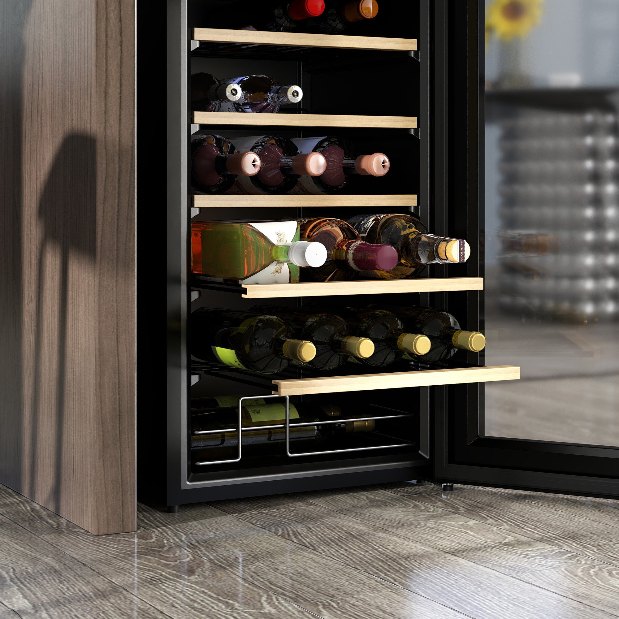 Kozy 24 Bottle Wine Fridge, 65 Litre Capacity, 43cm Freestanding Wine Cooler Fridge with Glass Door, LED Light, Digital Touch Screen, Temperature Control, Black