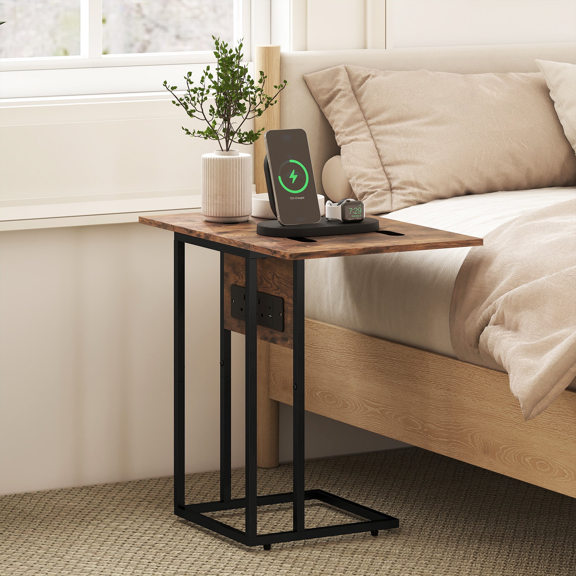 Kozy - C Shaped Side Table with Charging Station and Foldable Top - Rustic Brown