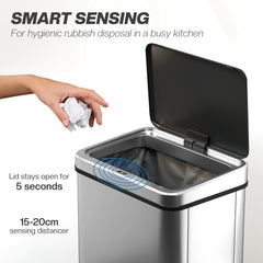 Kozy 50L Sensor Bin with Quiet Soft-Close Lid, Automatic Touchless Motion Sensor Kitchen Bin with Fingerprint Resistant Stainless Steel for Hygienic Gyms, Home Office Use, Silver Tone