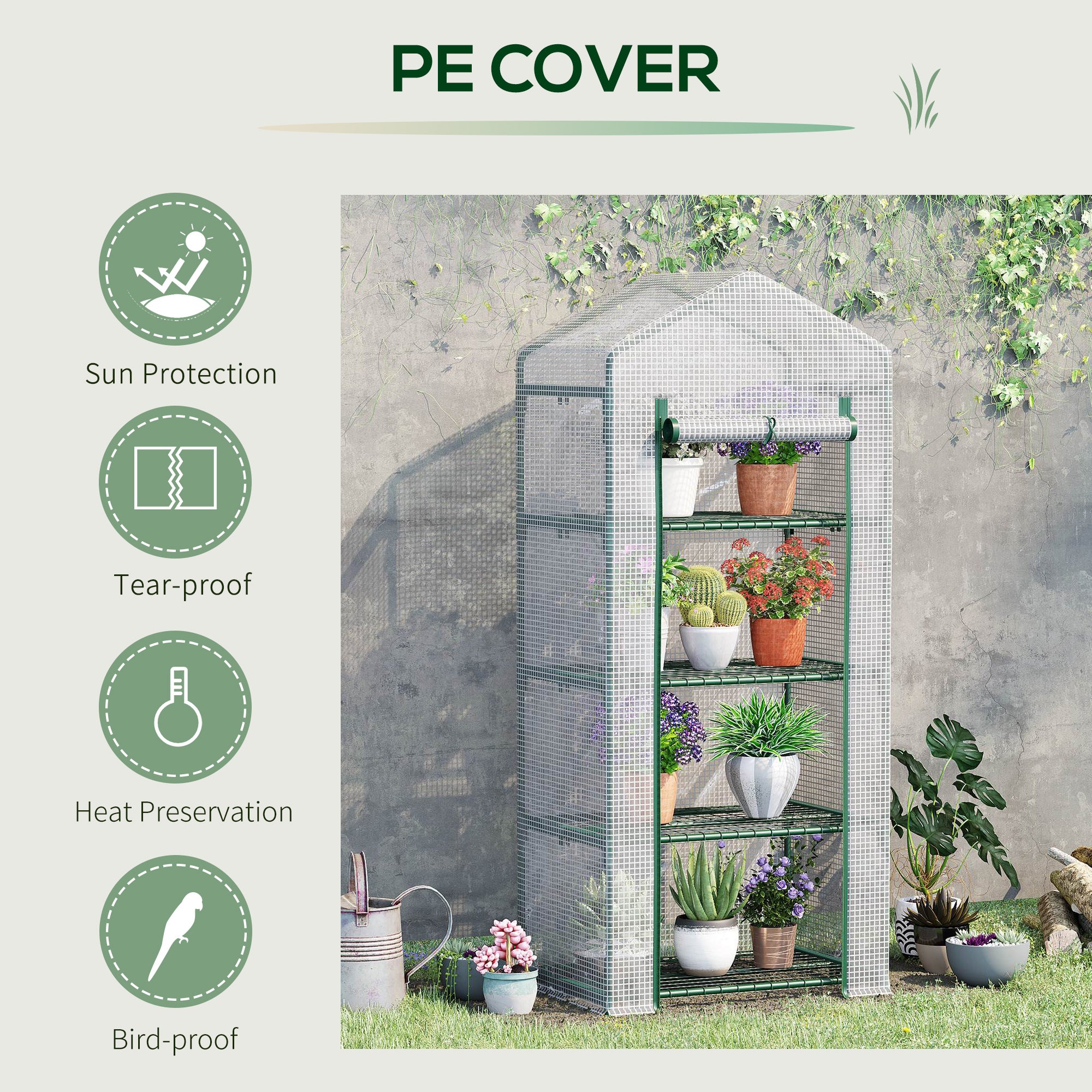 Kozy 4 Tier Mini Greenhouse, Portable Compact Green House with Steel Frame, PE Cover, Roll-up Door, 70 x 50 x 160 cm, White