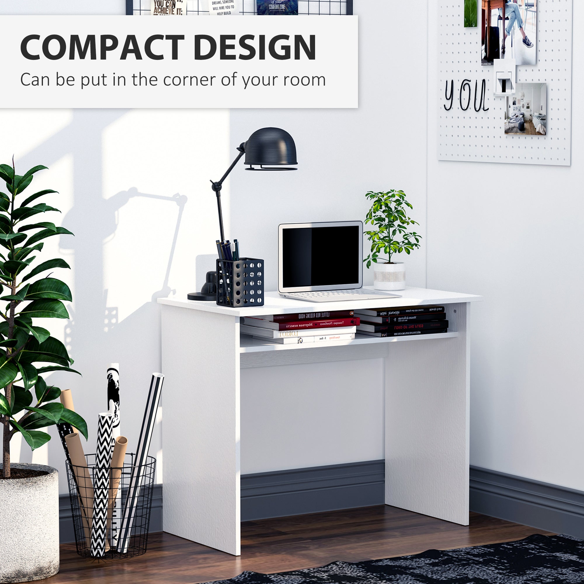 HOMCOM Writing Desk with Storage, Compact Workstation for Home Office, 90W x 50D cm, White