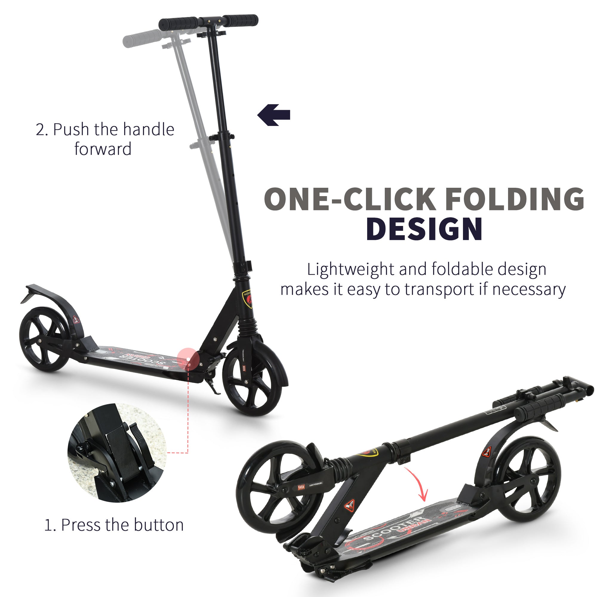 Kozy Folding Kick Scooter, Adjustable Ride On Scooter with 200mm Big Wheels and Double Shock Absorption, Urban Scooter for 14+ Teens Adult, Black