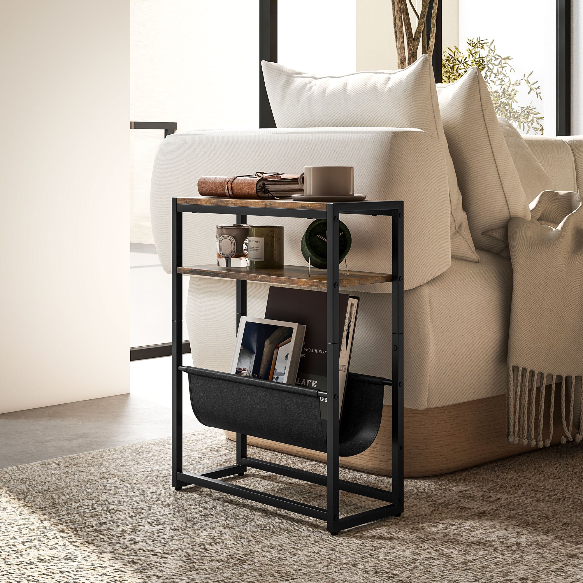 Kozy Narrow Side Table, End Table with 3-Tier Storage, V-Shaped Magazine Holder for Living Room, Bedroom, 43 x 18 x 56 cm, Ru