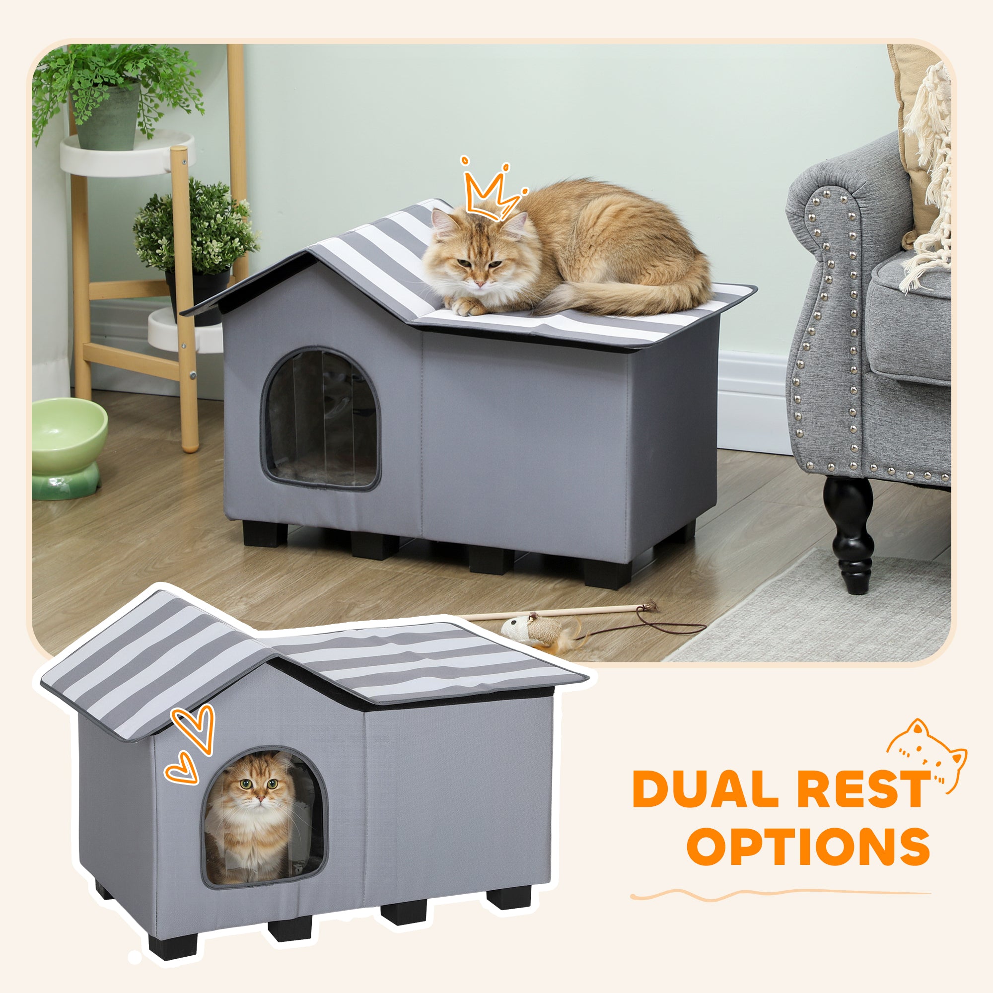 Kozy - Outdoor Cat House, Weatherproof Feral Cat Cave with Elevated Base and Cushion for Winter, Grey