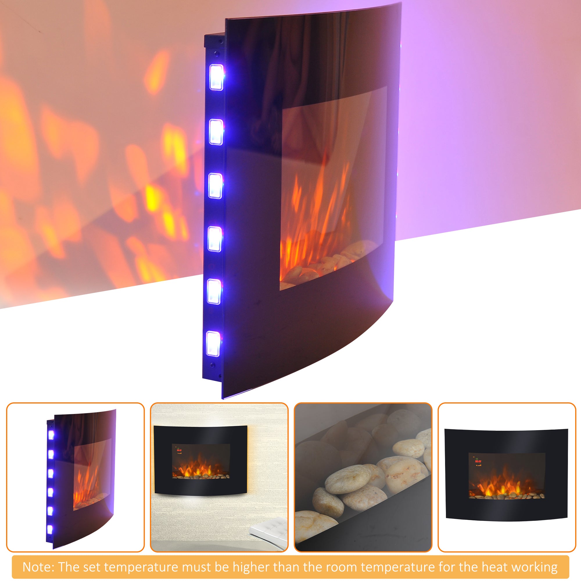 Kozy - Led Wall Mounted Fireplace Curved Glass Electric Fire Place Fire Place 7 Colour Side Lights Slimline, 900/1800W, 65cm x 52cm