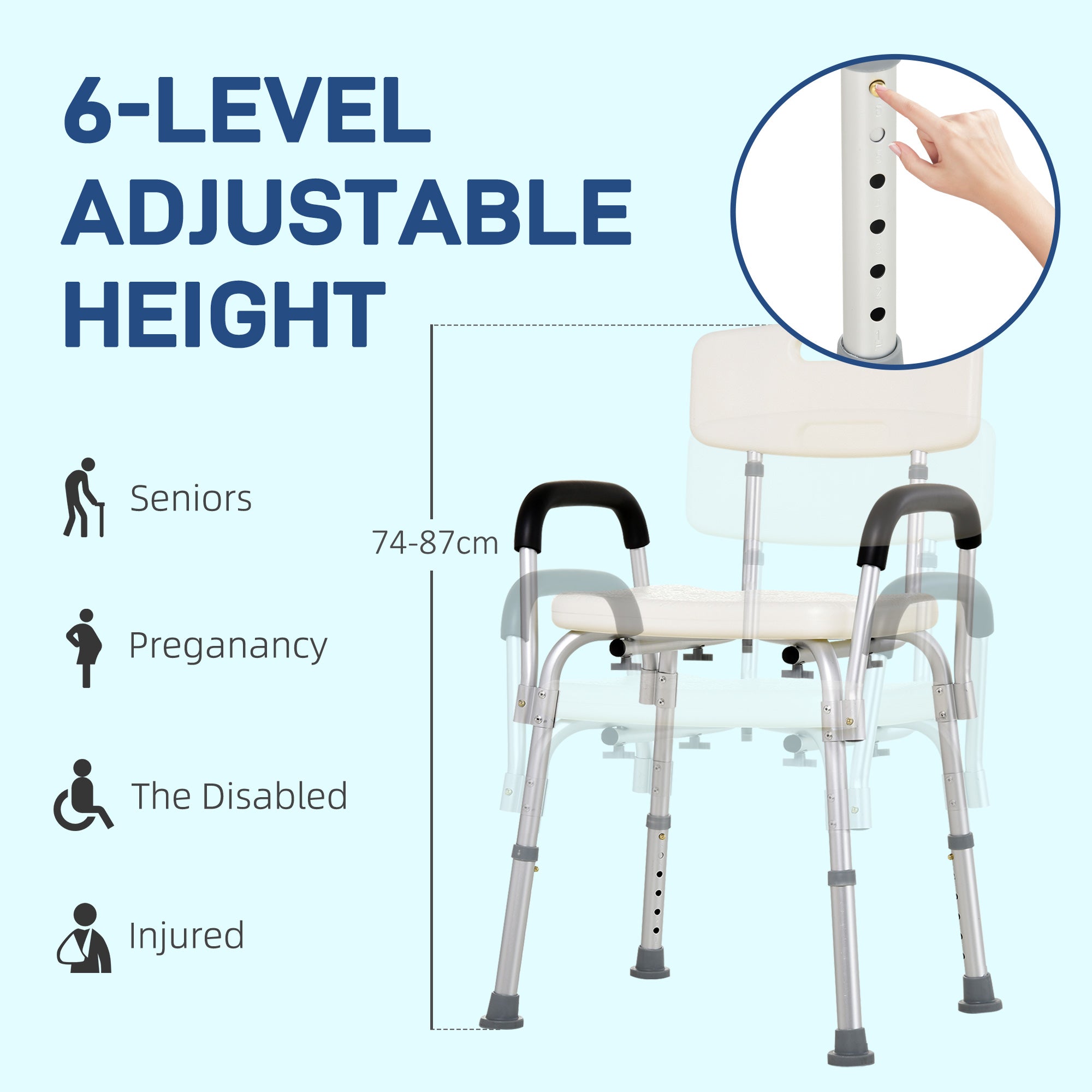 HOMCOM Portable Shower Chair, Adjustable Medical Stool, with Back and Armrest for Enhanced Mobility, White.