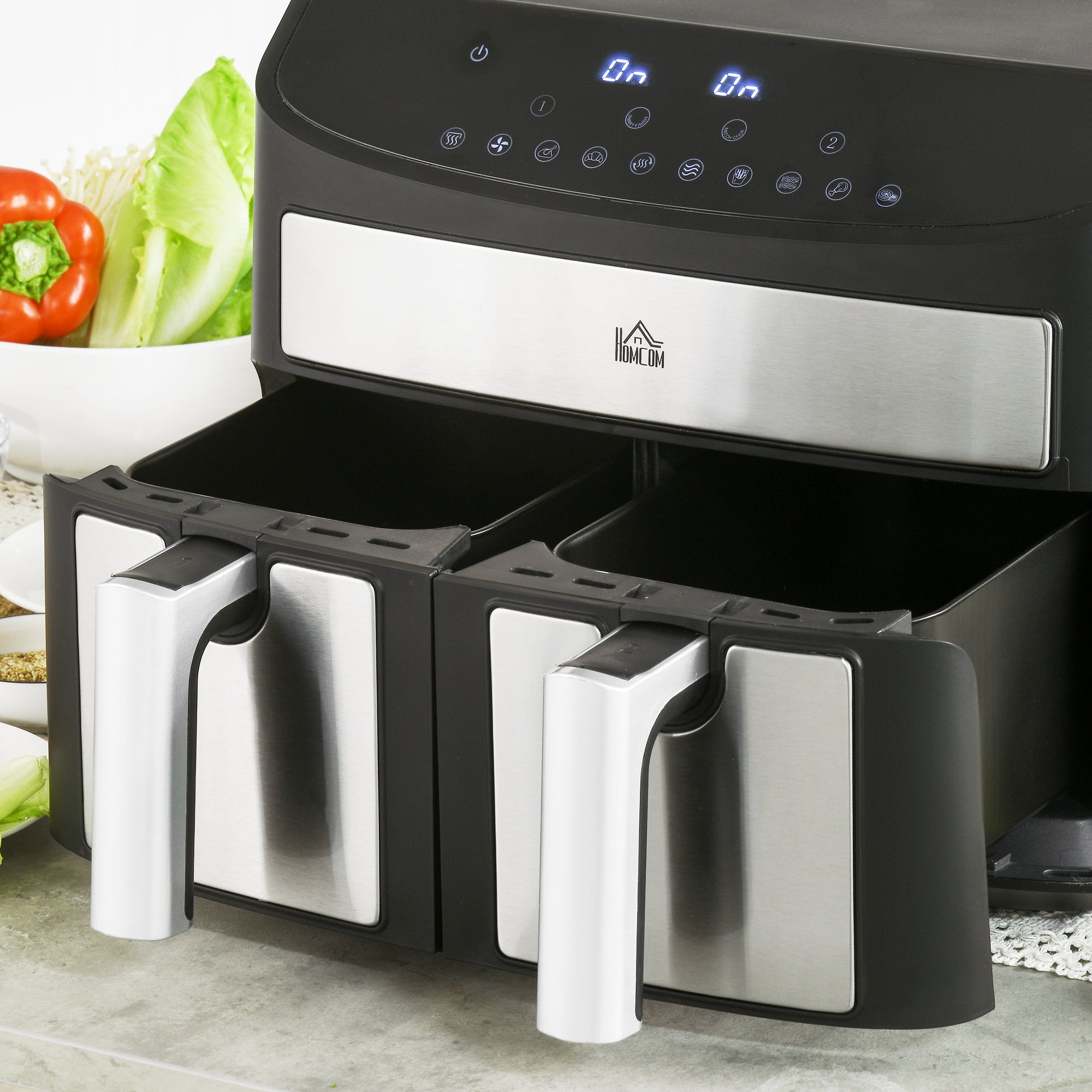 HOMCOM Dual Zone Air Fryer, 10-in-1 8L with Sync Cook & Sync Finish, 60-Minute Timer for Oil Free & Low Fat Cooking, 2400W | Aosom UK
