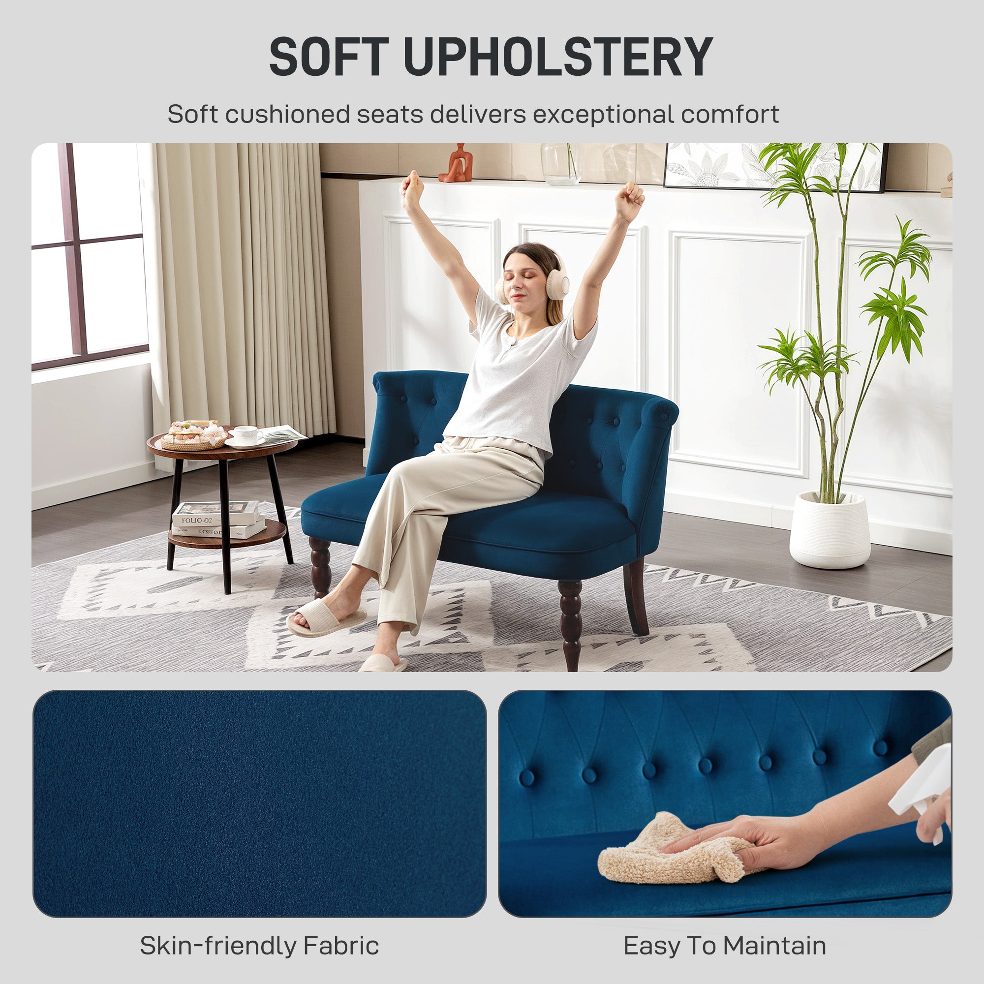 Kozy - Velvet 2 Seater Sofa, Button Tufted Wingback Loveseat with Rubber Wood Legs for Living Room, Bedroom, Dark Blue