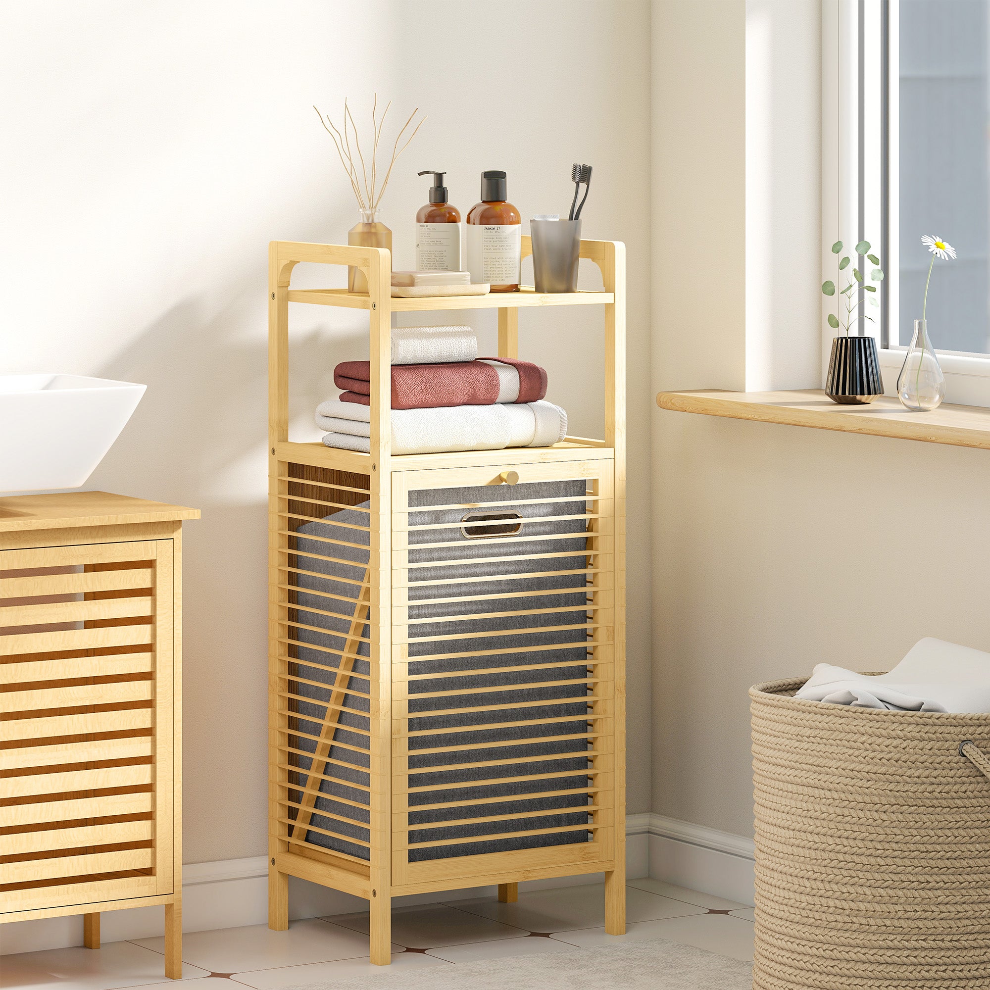Kozy - Bamboo Laundry Cabinet with Slatted Door, Bathroom Cabinet with Tilt-Out Hamper and Removable Liner Bag, 40 x 30D x 95 cm, Natural Wood Finish