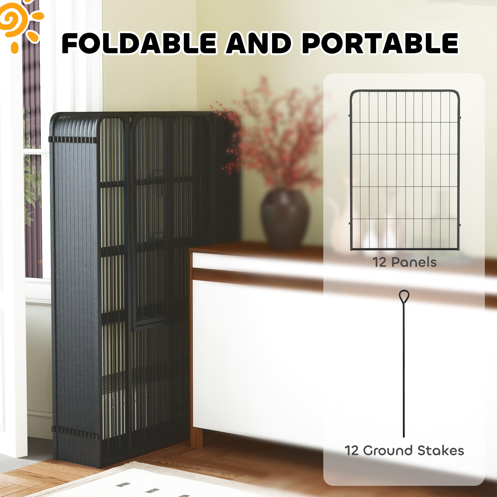 Kozy - 12-Panel Solid Dog Playpen with Doors, for Large Dogs, 100cm Tall, Black