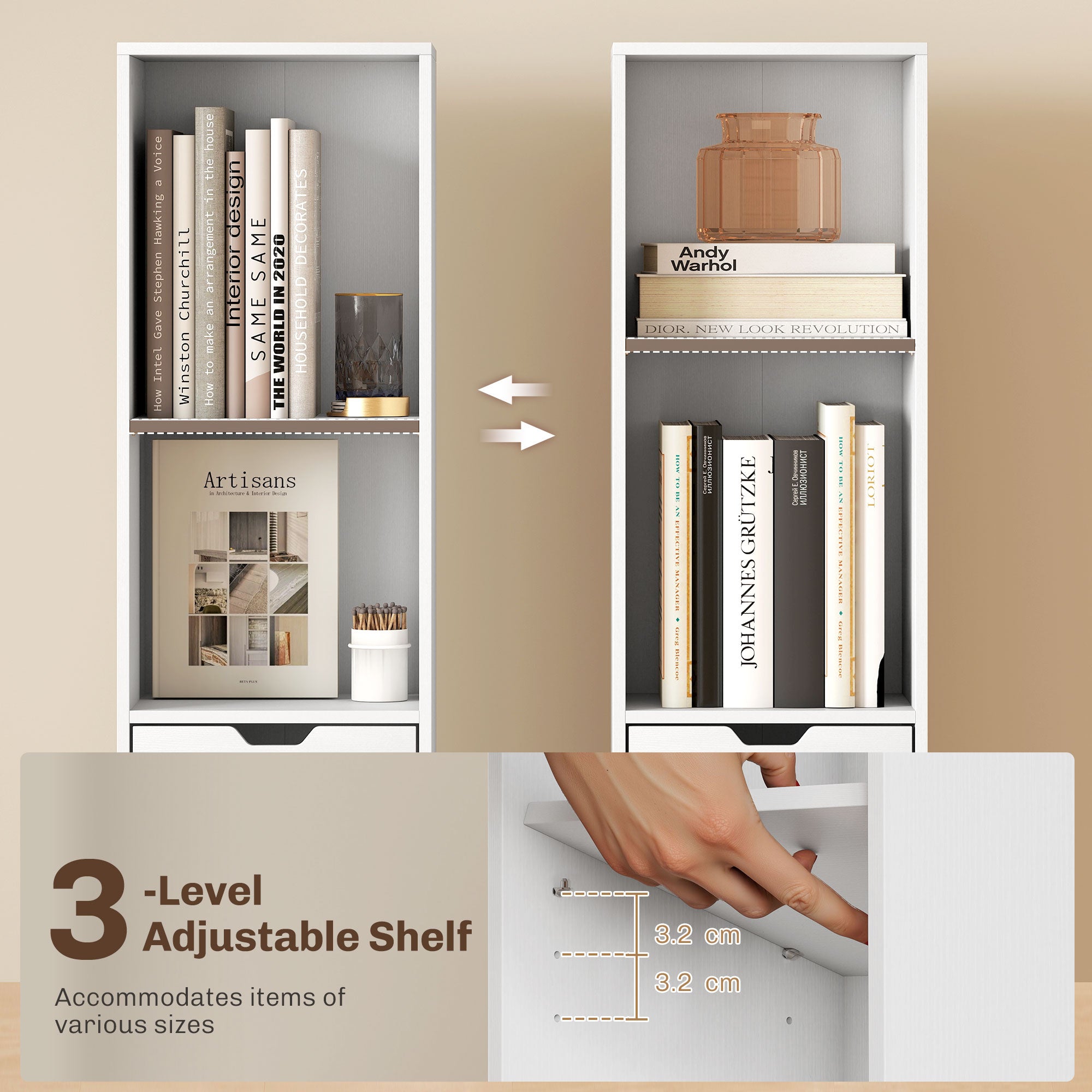 Kozy 6-Tier Bookcase, Tall Narrow Bookshelf with Drawer and Door - White